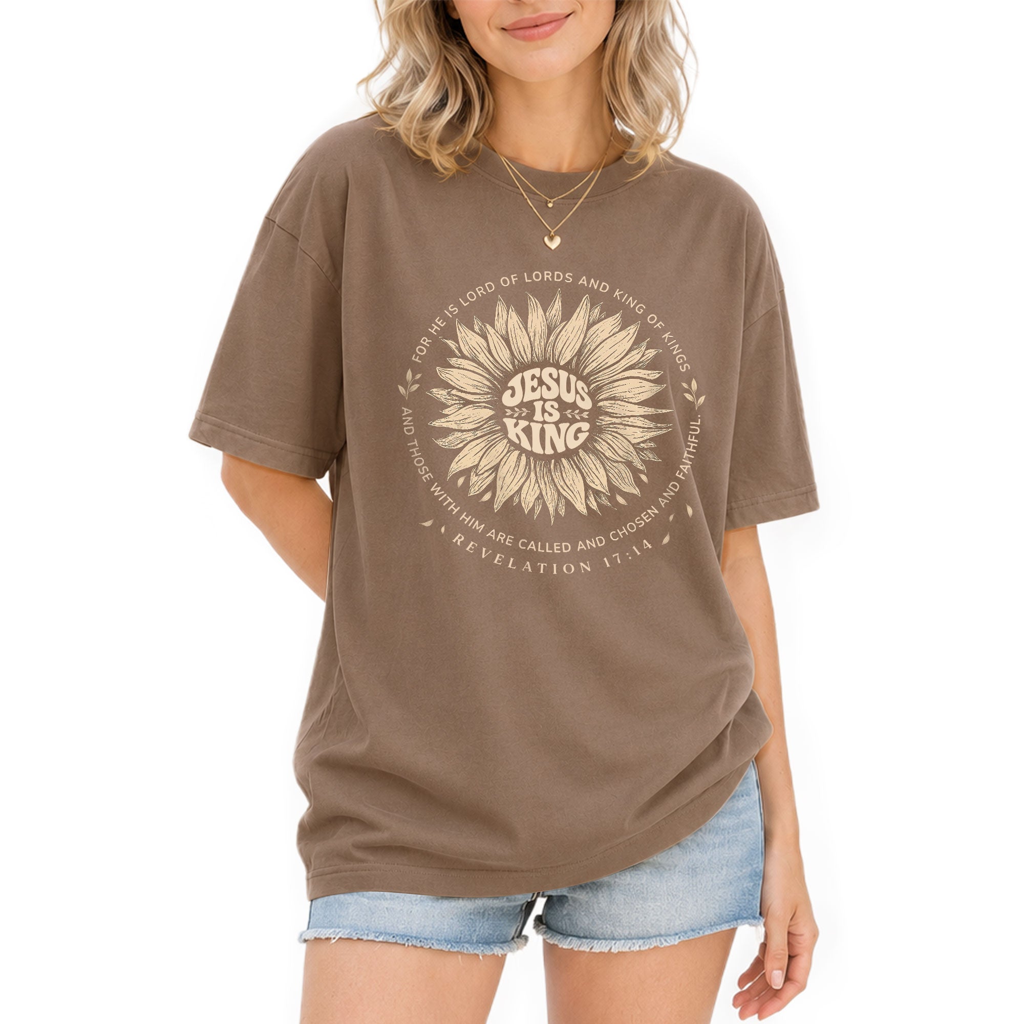 Jesus Is King Sunflower Floral Circle Revelation 17 14 Graphic Christian T Shirt Women - Rust Field Wear