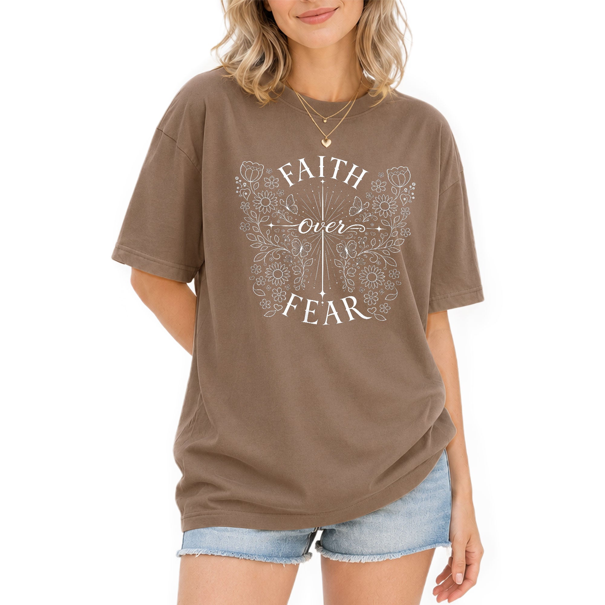 Faith Over Fear Shirt Christian Women Butterfly Floral Line Art Shirt Cross Jesus Graphic Tee - Rust Field Wear