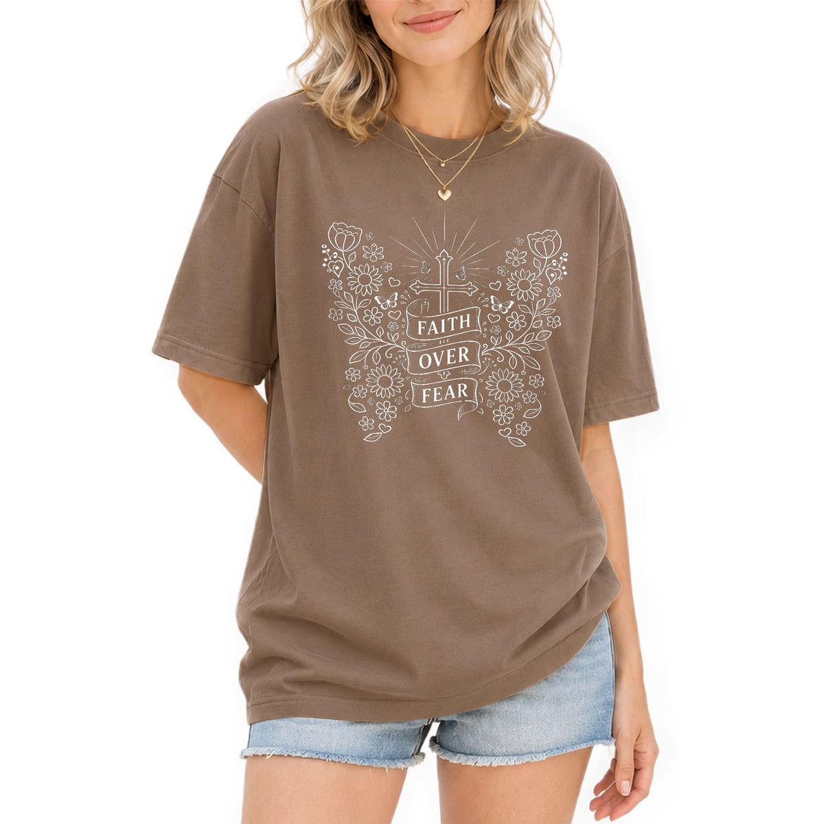 Faith Over Fear Shirt Christian Women Shirt Floral Butterfly Cross Aesthetic Jesus Tee - Rust Field Wear