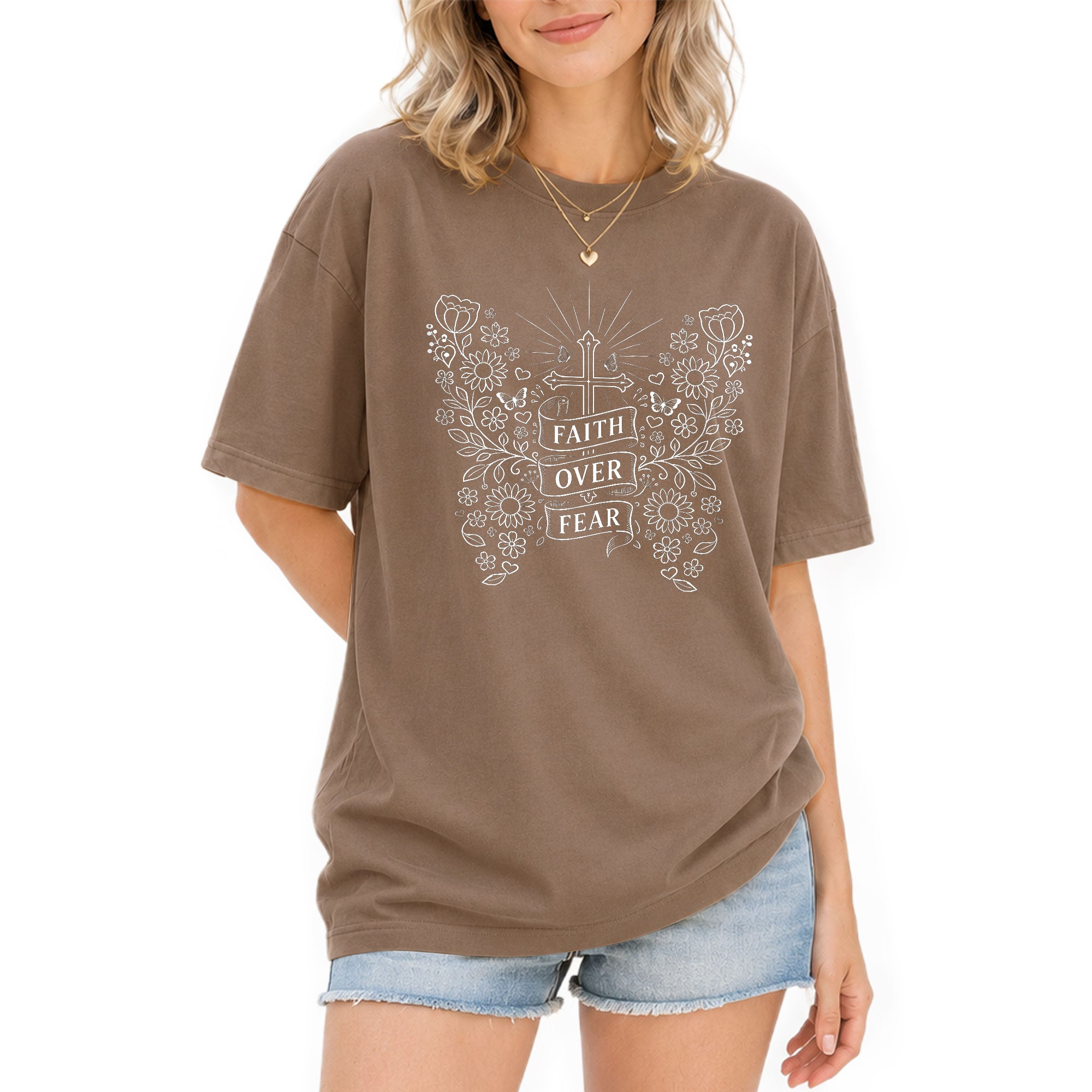 Faith Over Fear Shirt Christian Women Shirt Floral Butterfly Cross Aesthetic Jesus Tee - Rust Field Wear