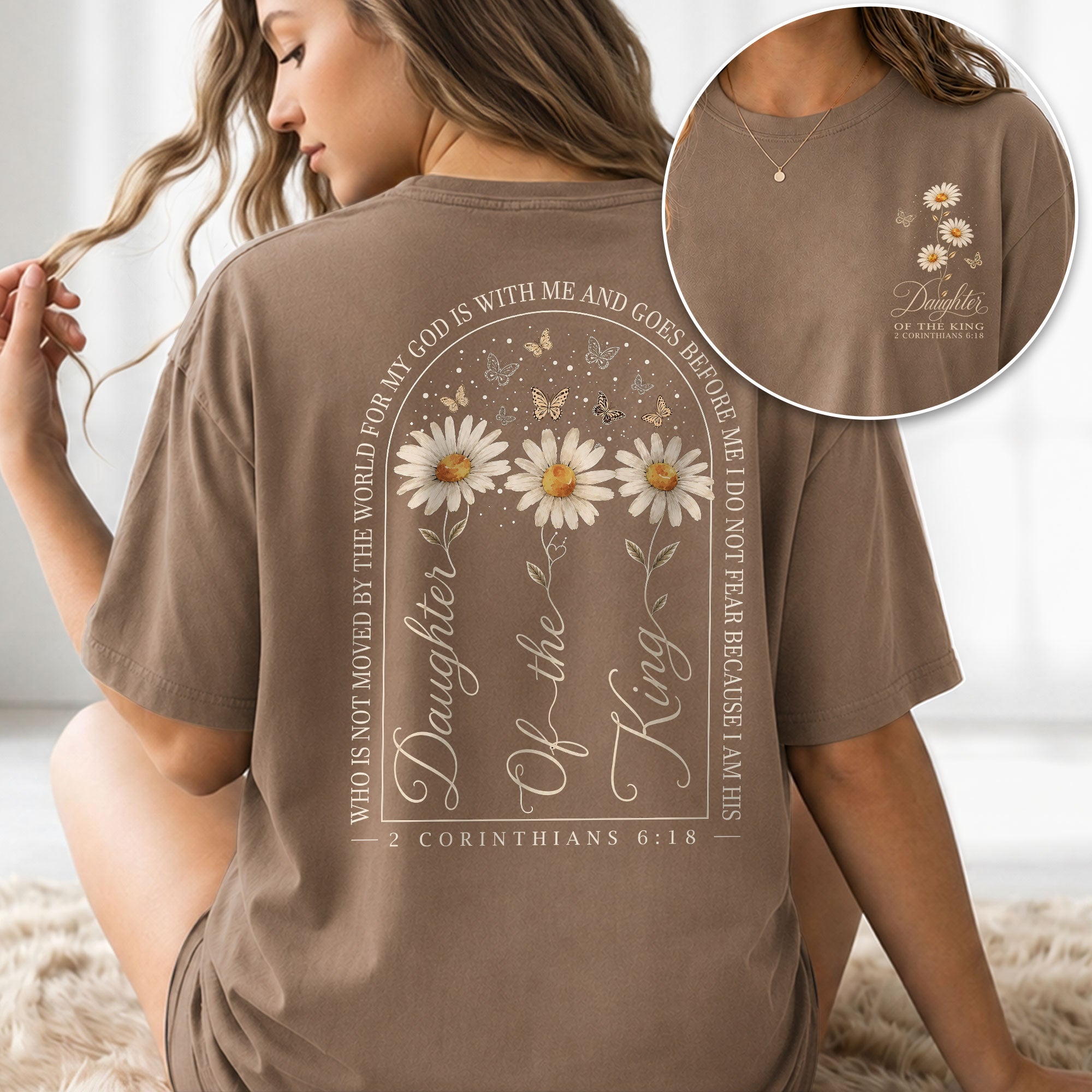 Daughter Of The King Daisy Butterfly Christian Graphic Everyday Tee Shirt For Women - Rust Field Wear