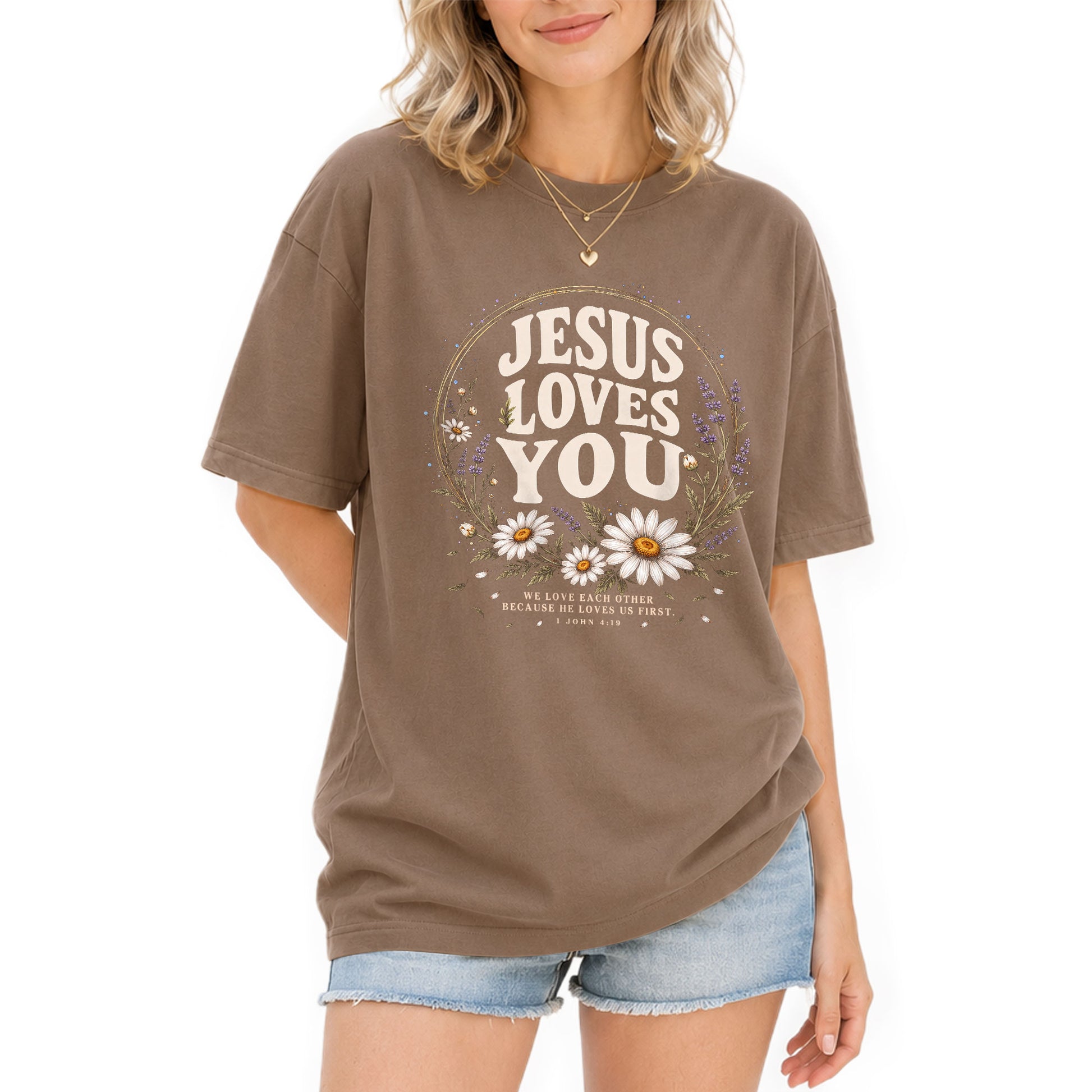 Jesus Loves You Shirt Christian Women Floral Faith T-Shirt 1 John 4:19 Daisy Tee - Rust Field Wear