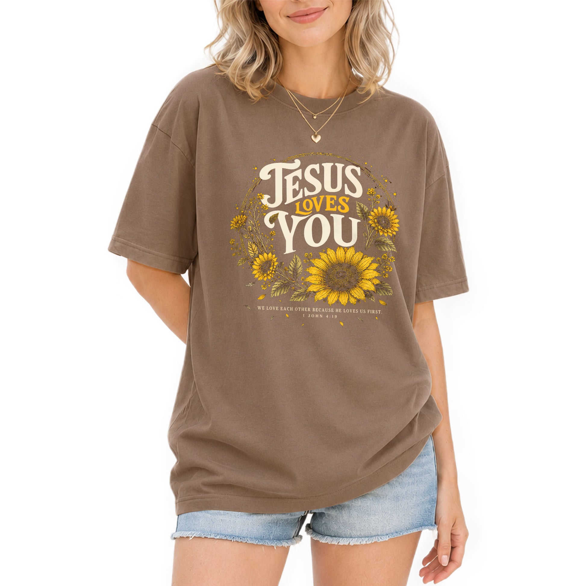 Jesus Loves You T-Shirt Christian Women Faith Shirt Sunflower Yellow Floral Graphic - Rust Field Wear