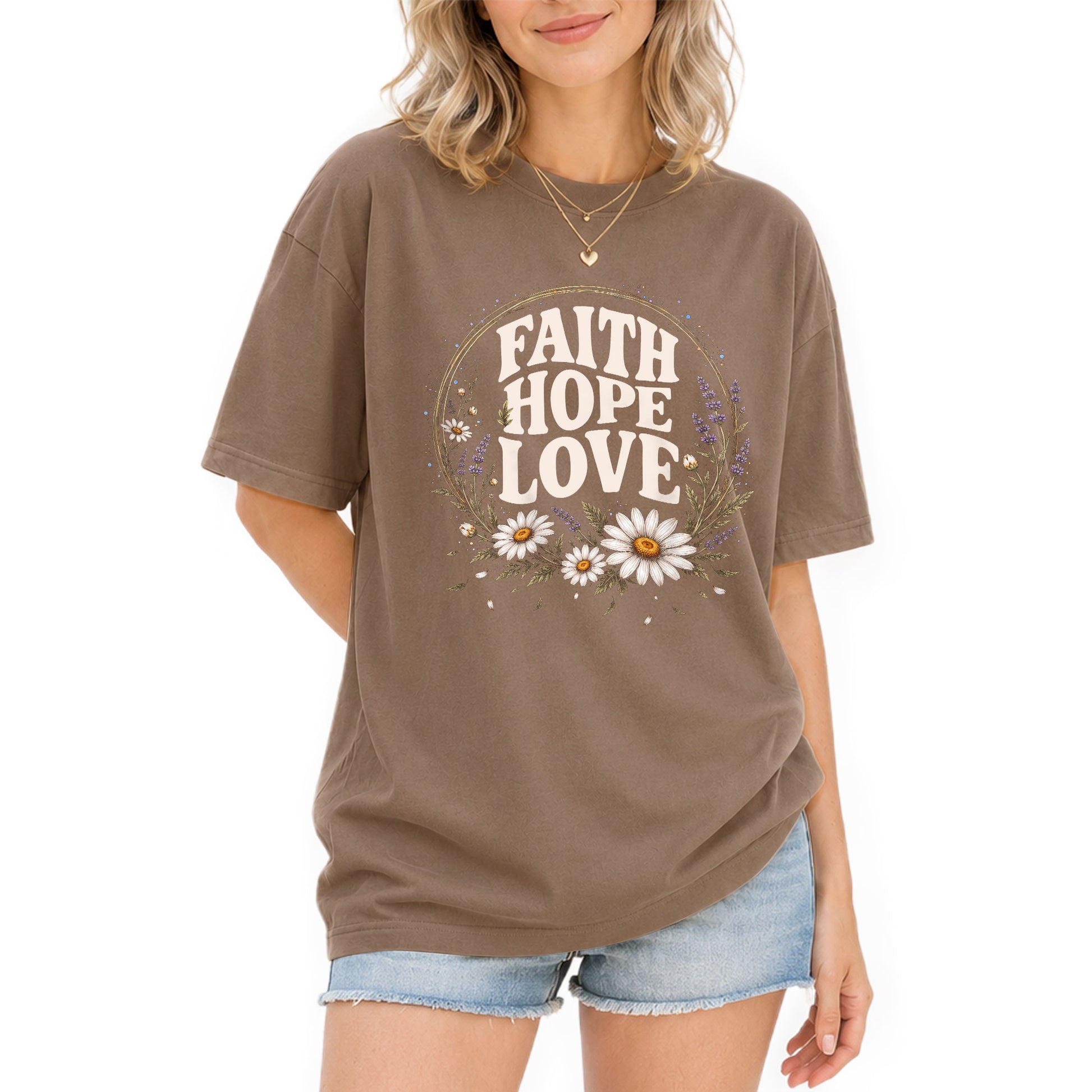 Faith Hope Love T-Shirt Christian Women Faith Shirt Floral Daisy Aesthetic Graphic - Rust Field Wear