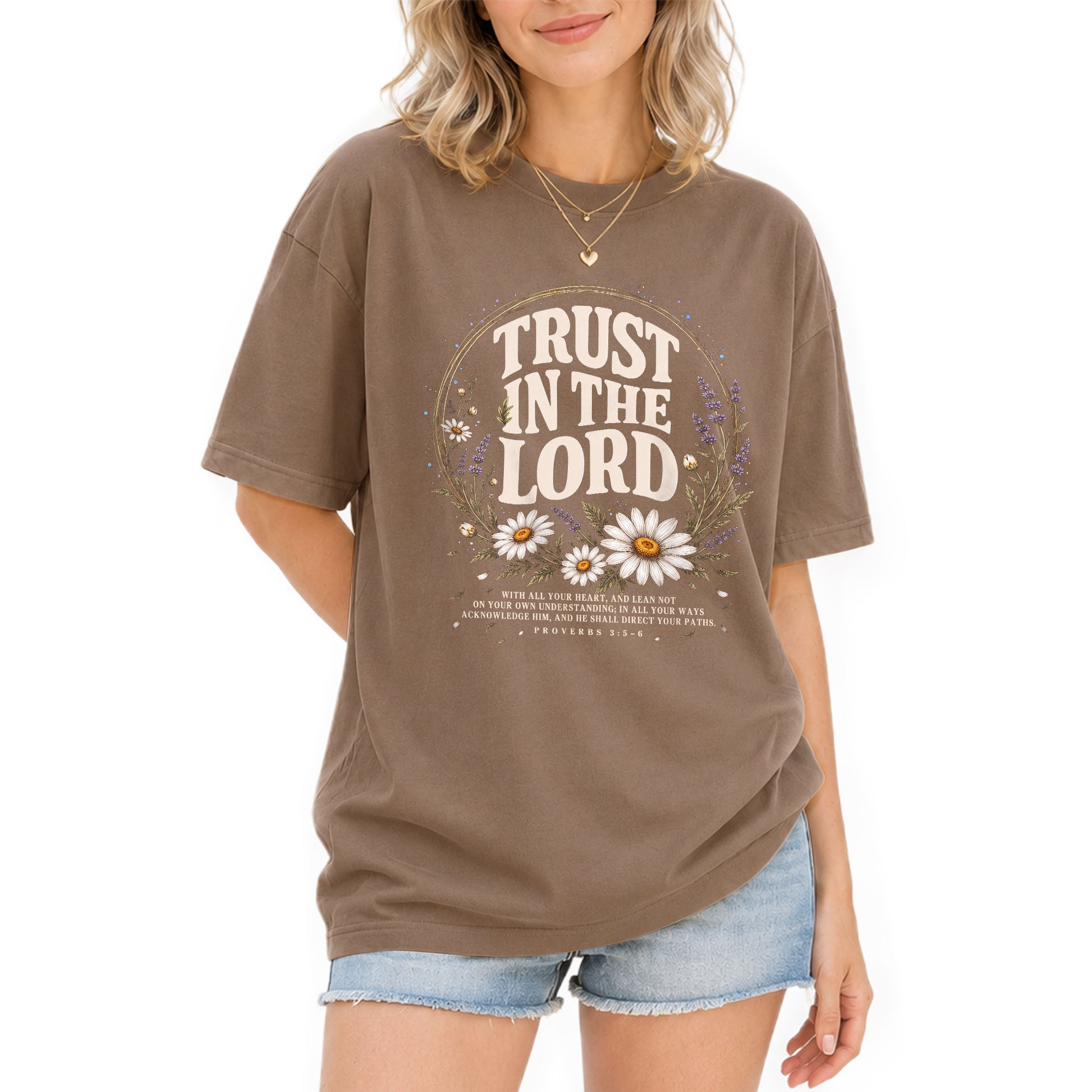 Trust In The Lord T-Shirt Christian Women Faith Shirt Floral Bible Verse Daisy Graphic - Rust Field Wear