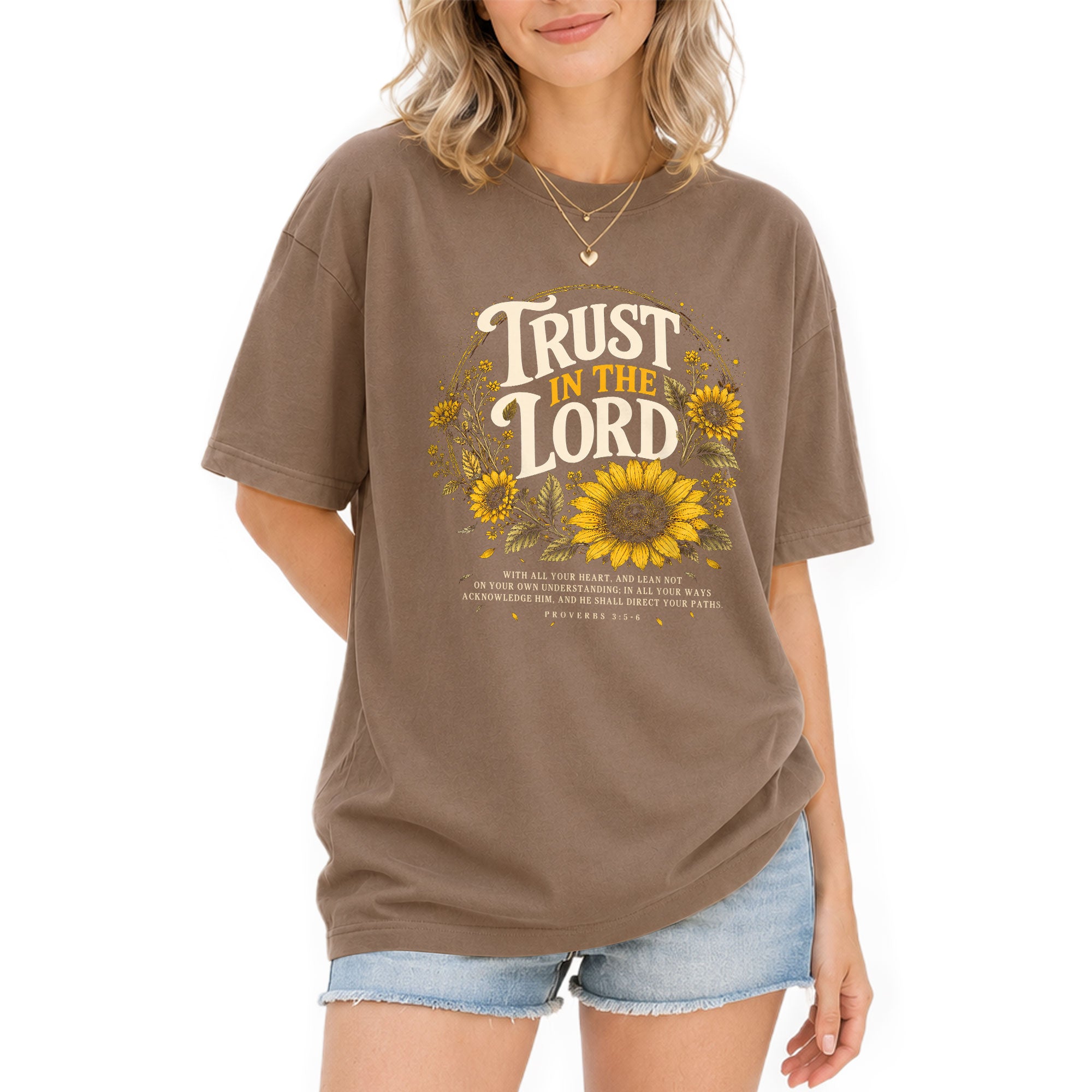Trust In The Lord Christian Women Shirt Sunflower Faith Graphic Tee Bible Verse Aesthetic - Rust Field Wear