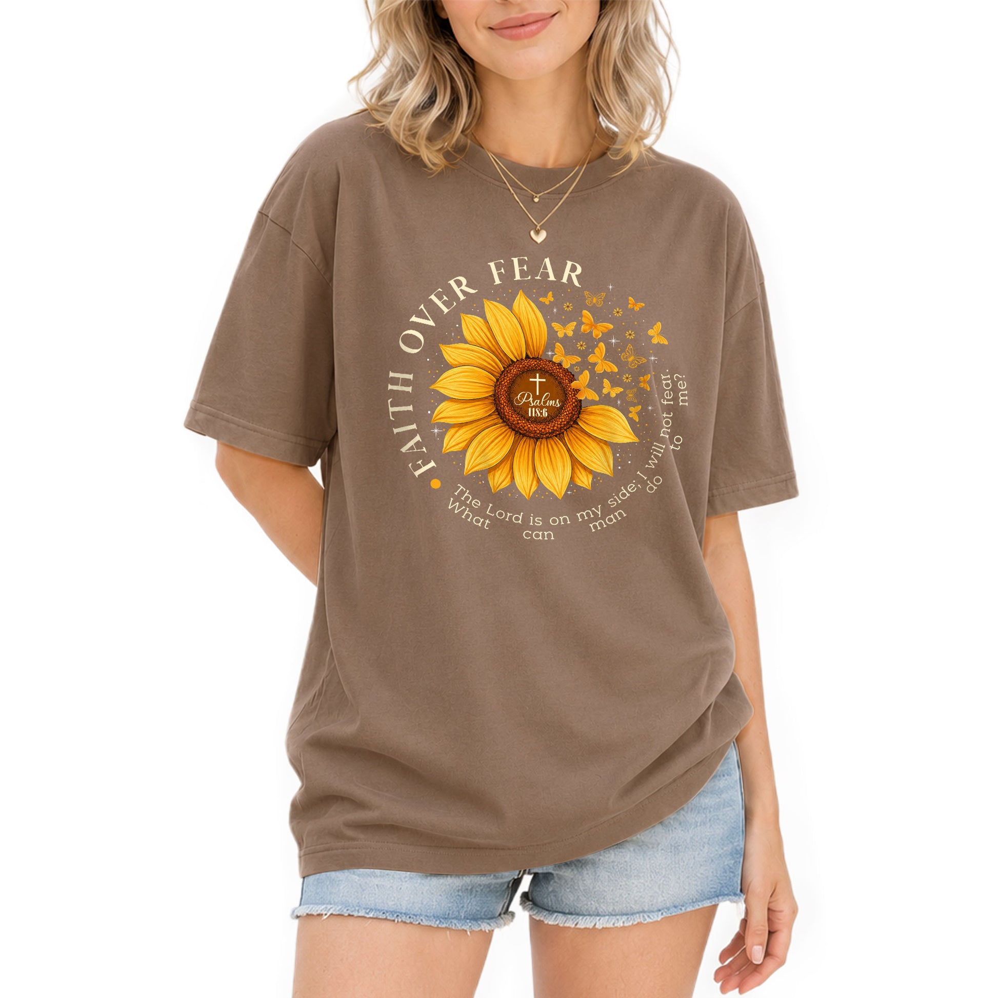 Faith Over Fear Psalms 118:6 Sunflower Butterfly Christian Graphic Tee For Women - Rust Field Wear