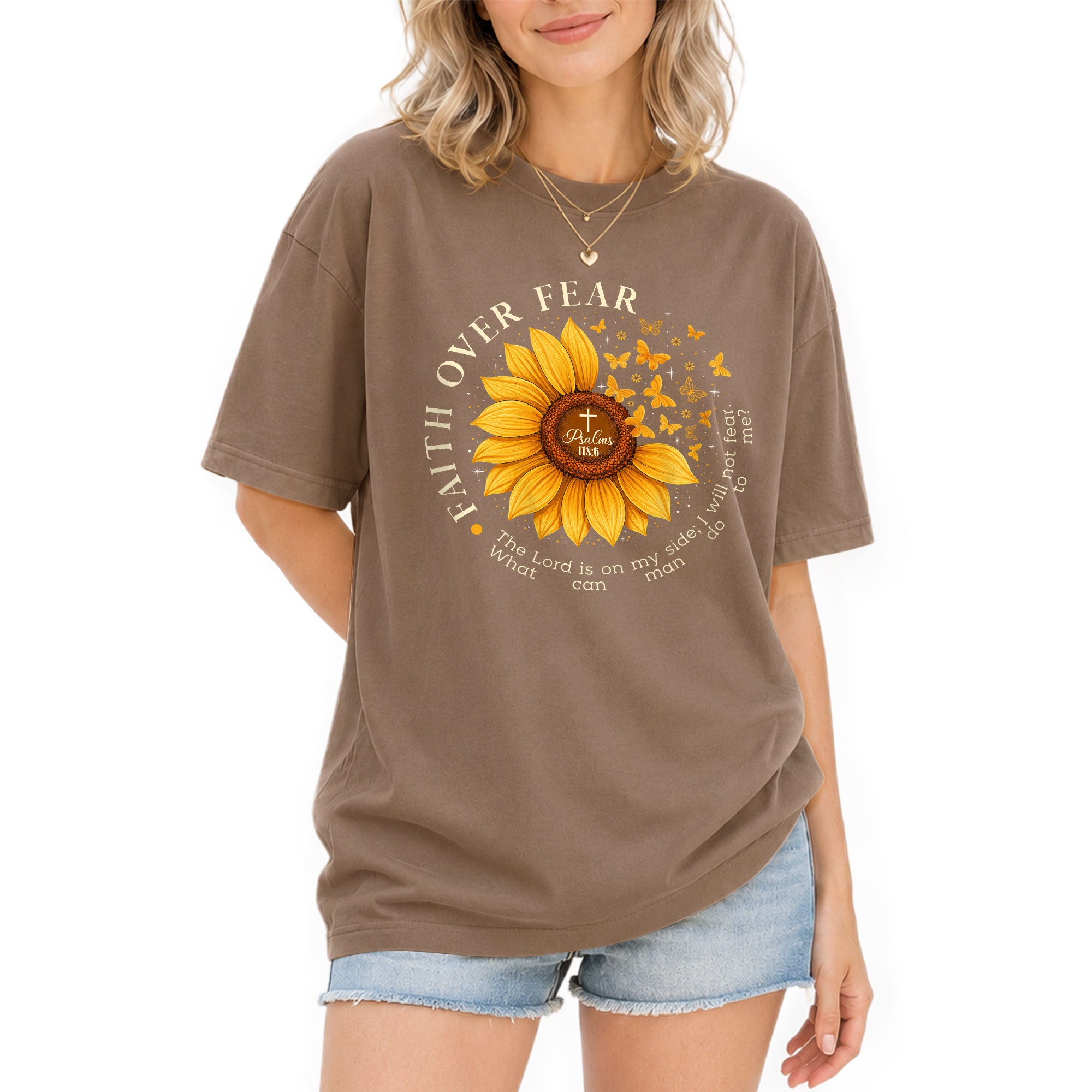Faith Over Fear Psalms 118:6 Sunflower Butterfly Christian Graphic Tee For Women - Rust Field Wear