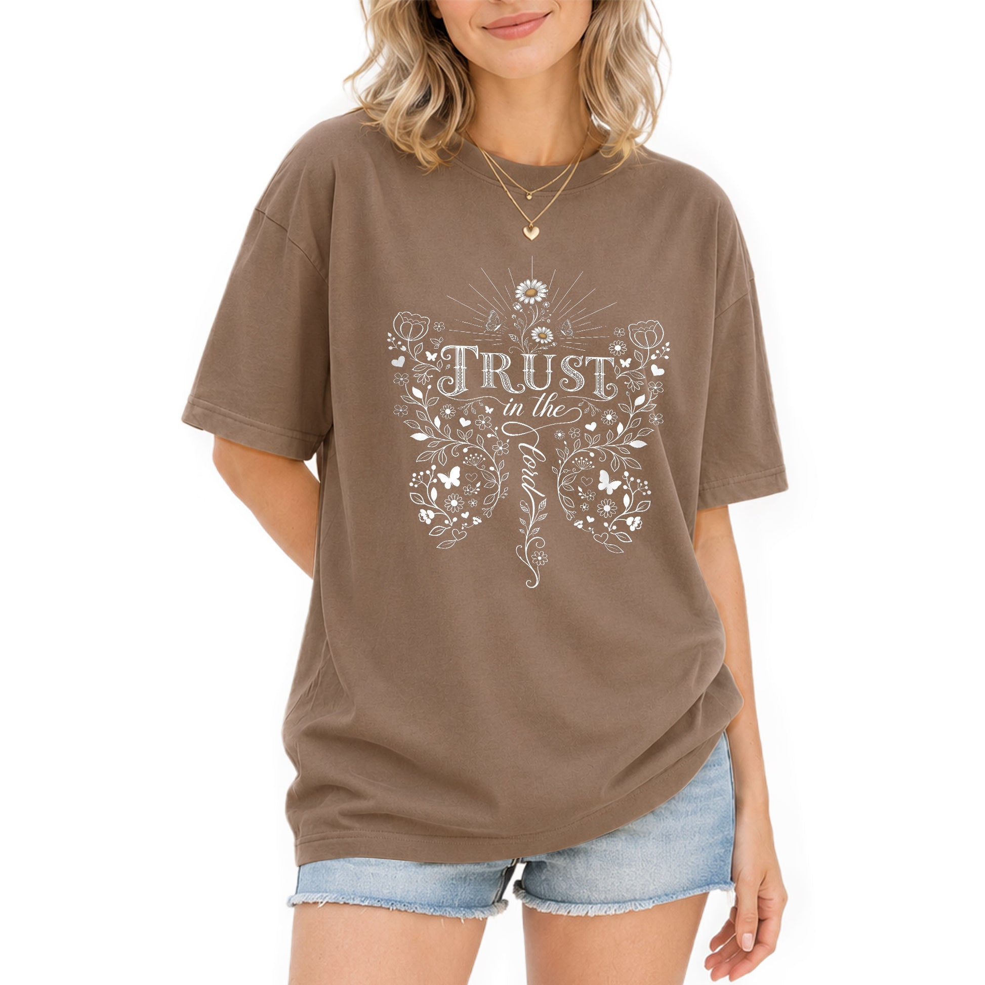 Trust In The Lord Butterfly Floral Christian Graphic Tee Shirt For Women Apparel - Rust Field Wear