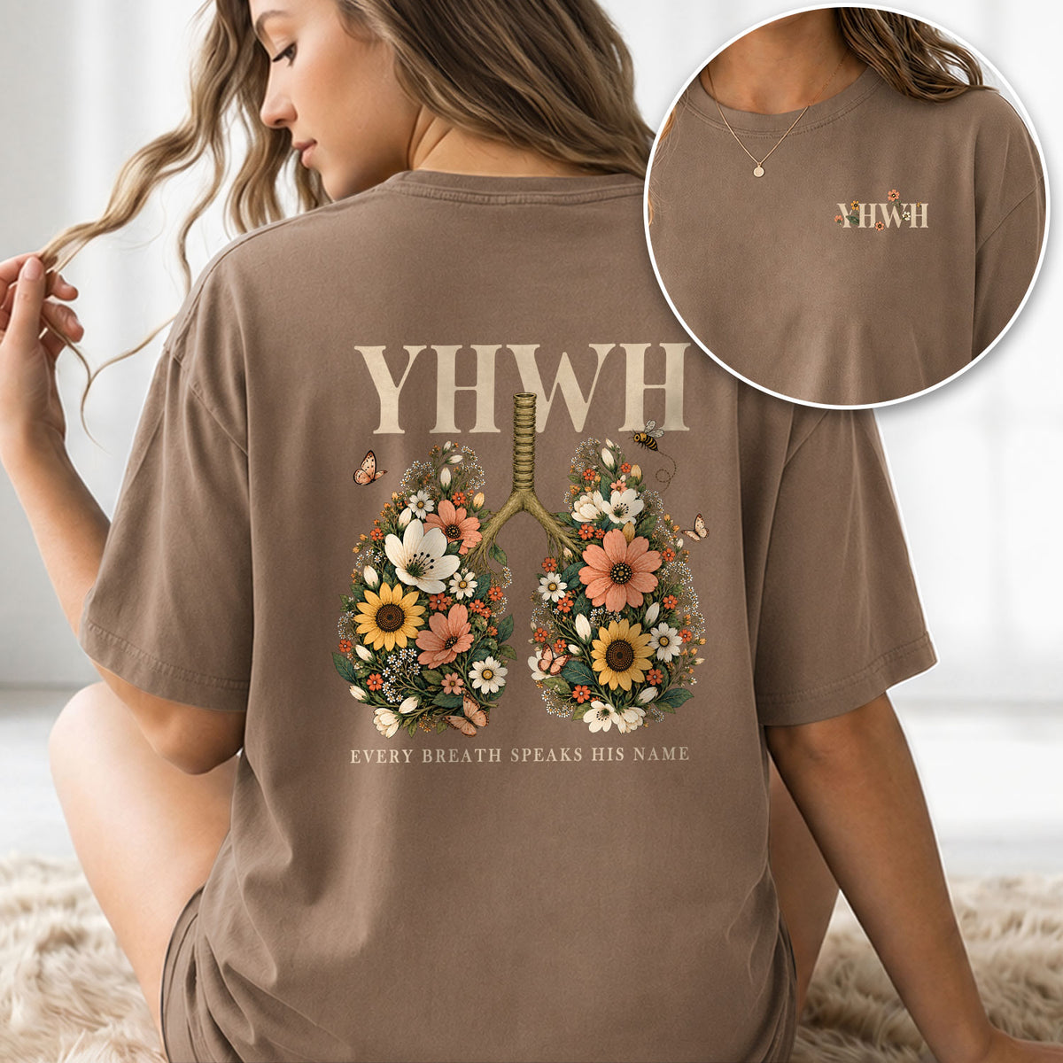 Holy Christian YHWH Floral Lungs Aesthetic Women Graphic Tee Shirt Vintage Cotton - Rust Field Wear