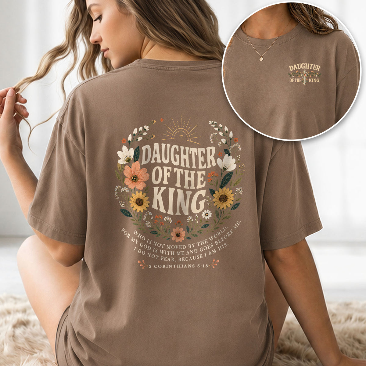 Pious Christian Daughter King Floral Aesthetic Women Graphic Tee Shirt Vintage Cotton - Rust Field Wear