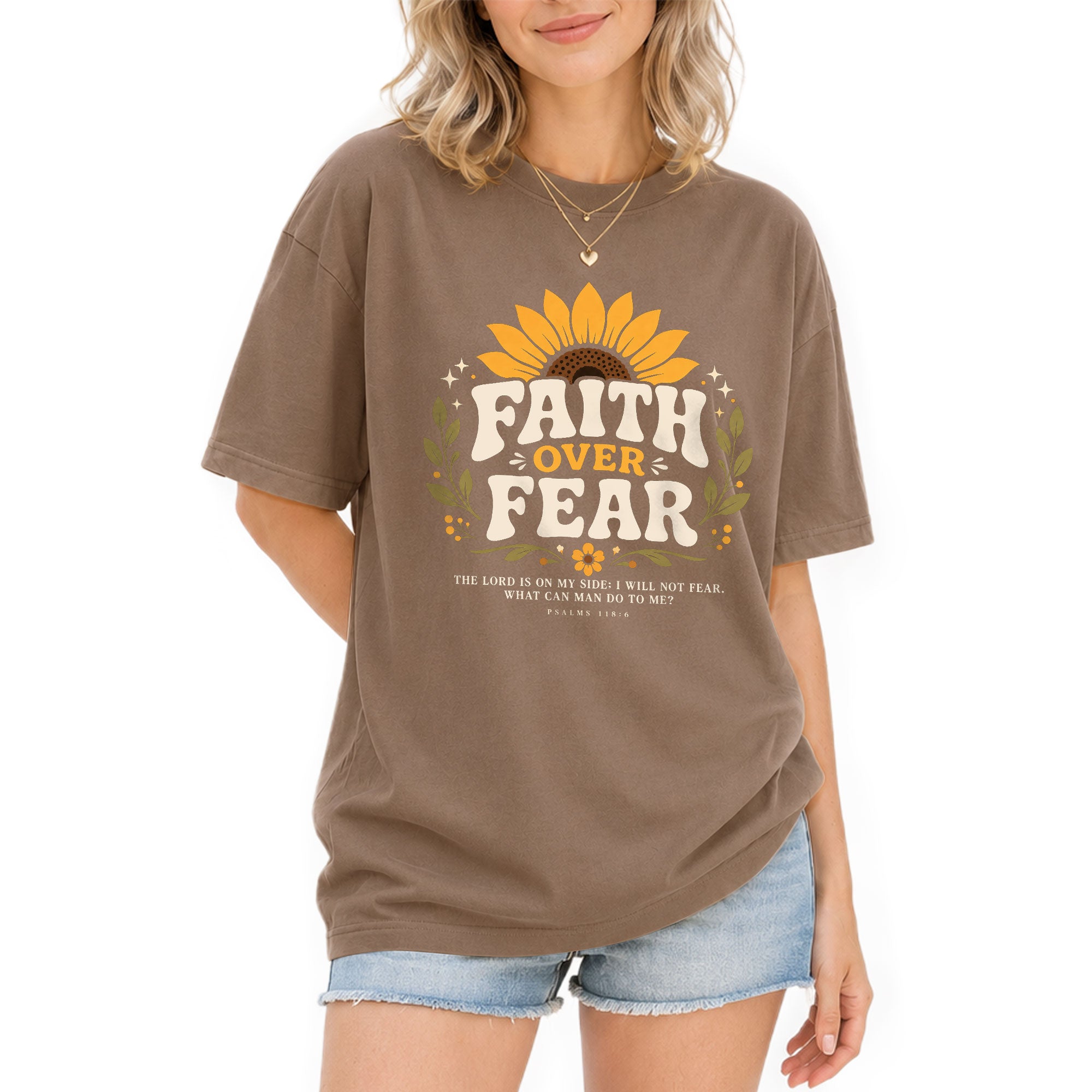 Faith Over Fear Sunflower Psalms Scripture Cute Blue Christian Tee For Women Apparel