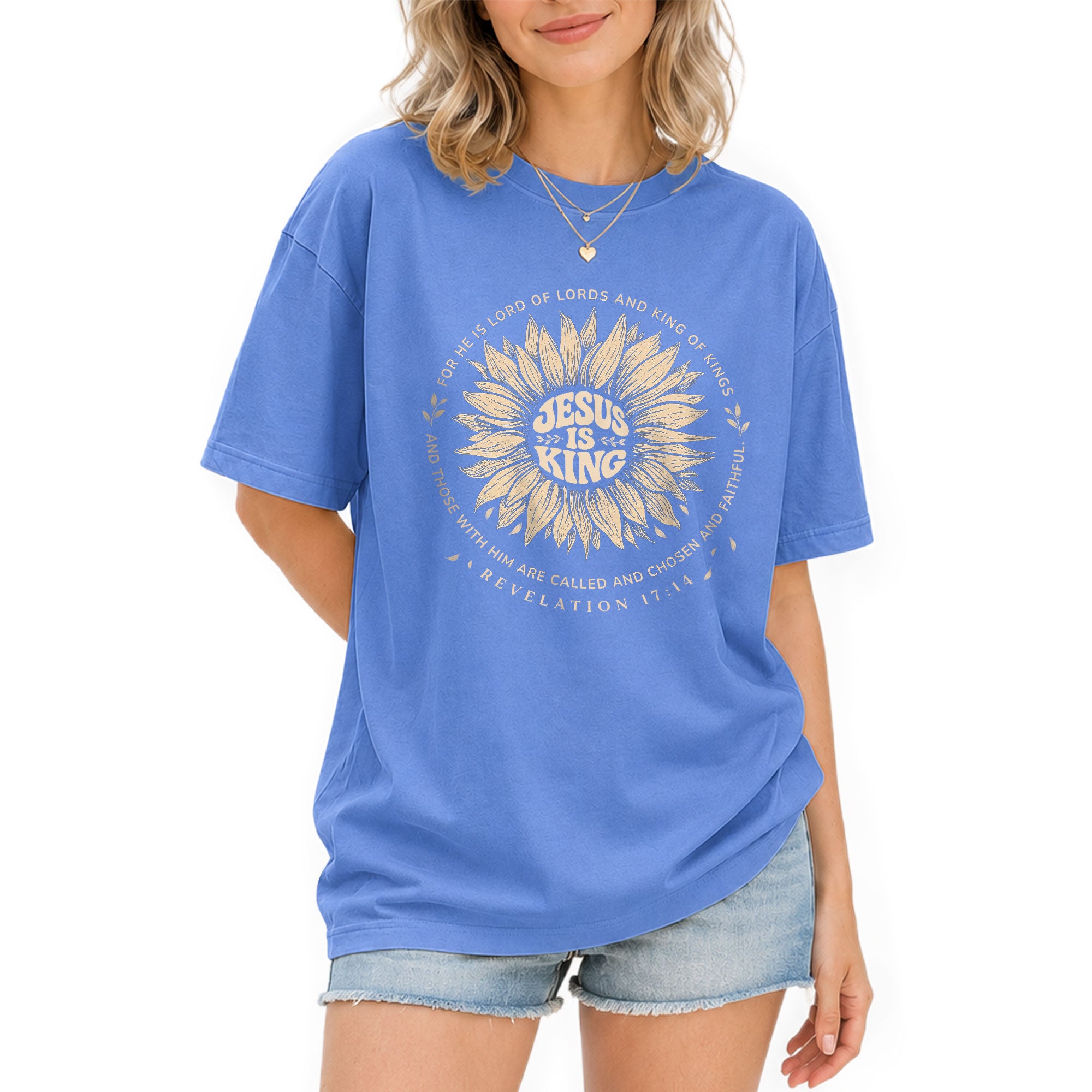 Jesus Is King Sunflower Floral Circle Revelation 17 14 Graphic Christian T Shirt Women - Rust Field Wear