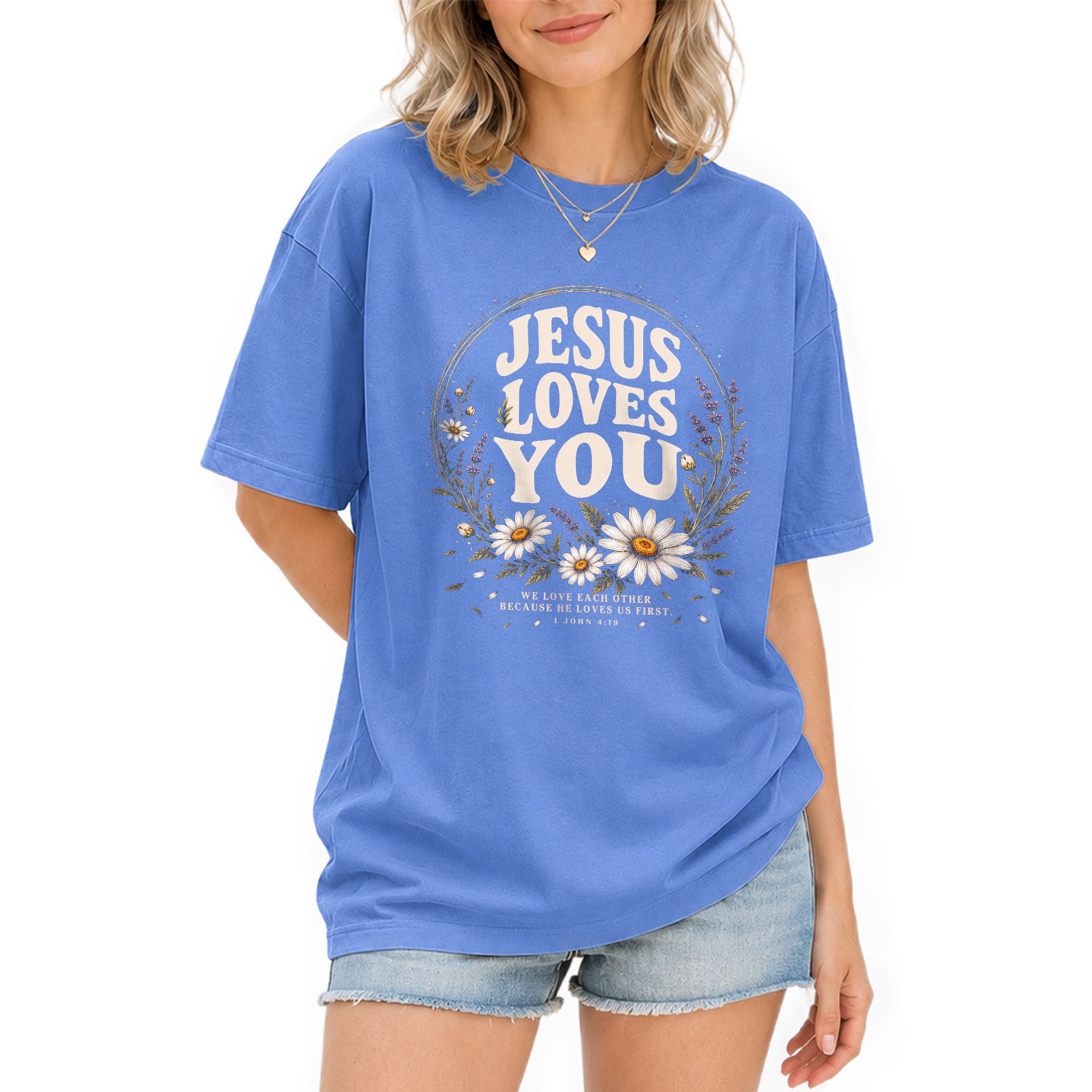 Jesus Loves You Shirt Christian Women Floral Faith T-Shirt 1 John 4:19 Daisy Tee - Rust Field Wear