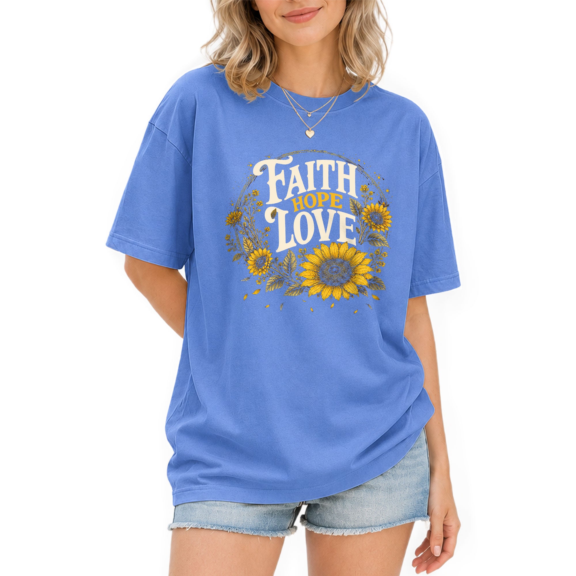 Faith Hope Love T-Shirt Christian Women Faith Shirt Sunflower Bible Verse Yellow Floral - Rust Field Wear