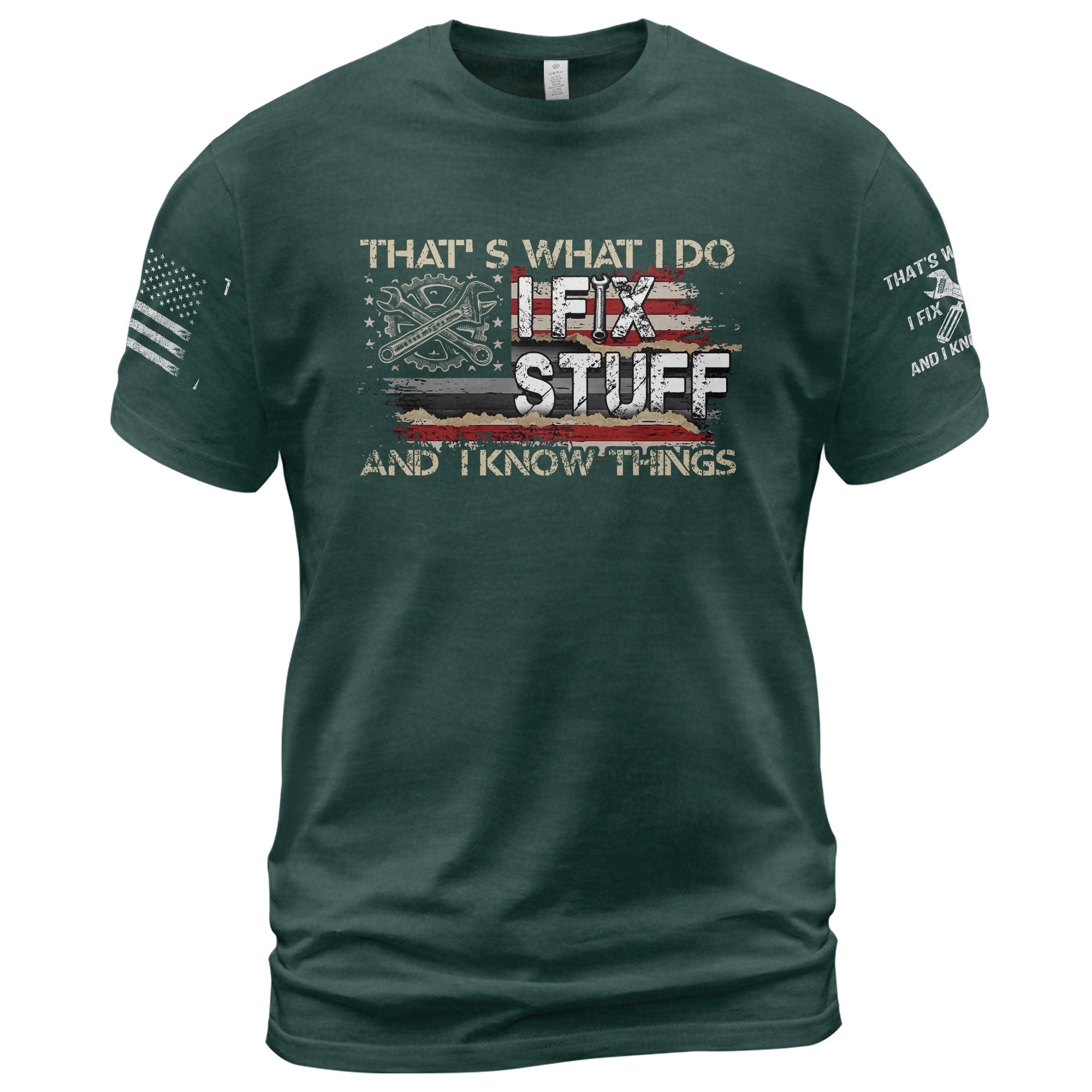 Men Gear Wrench Graphic T-Shirt I Fix Stuff And I Know Things Flag Quote Tee