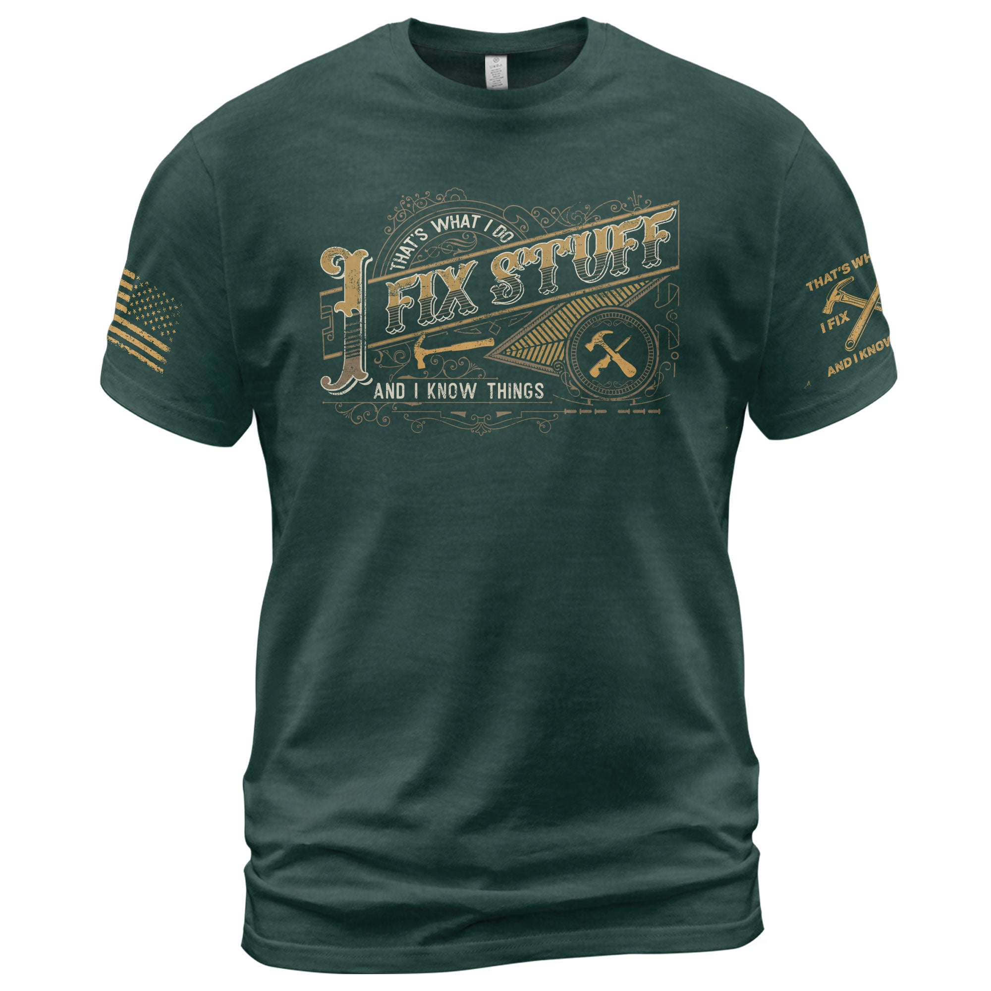 Vintage Filigree Quote Men T-Shirt I Fix Stuff And I Know Things Graphic Hammer Tee