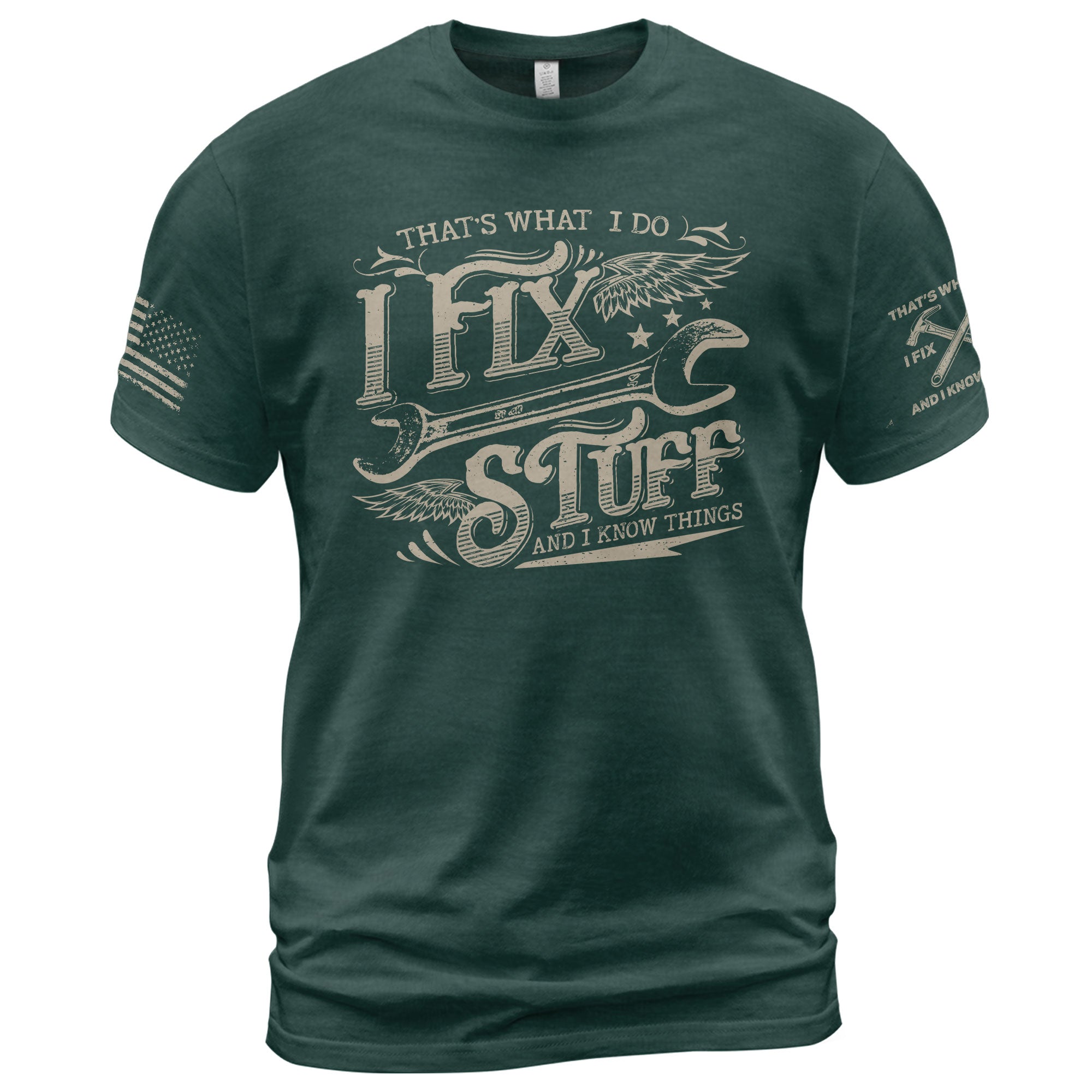 Men Winged Wrench Graphic T-Shirt I Fix Stuff And I Know Things Scroll Quote Tee