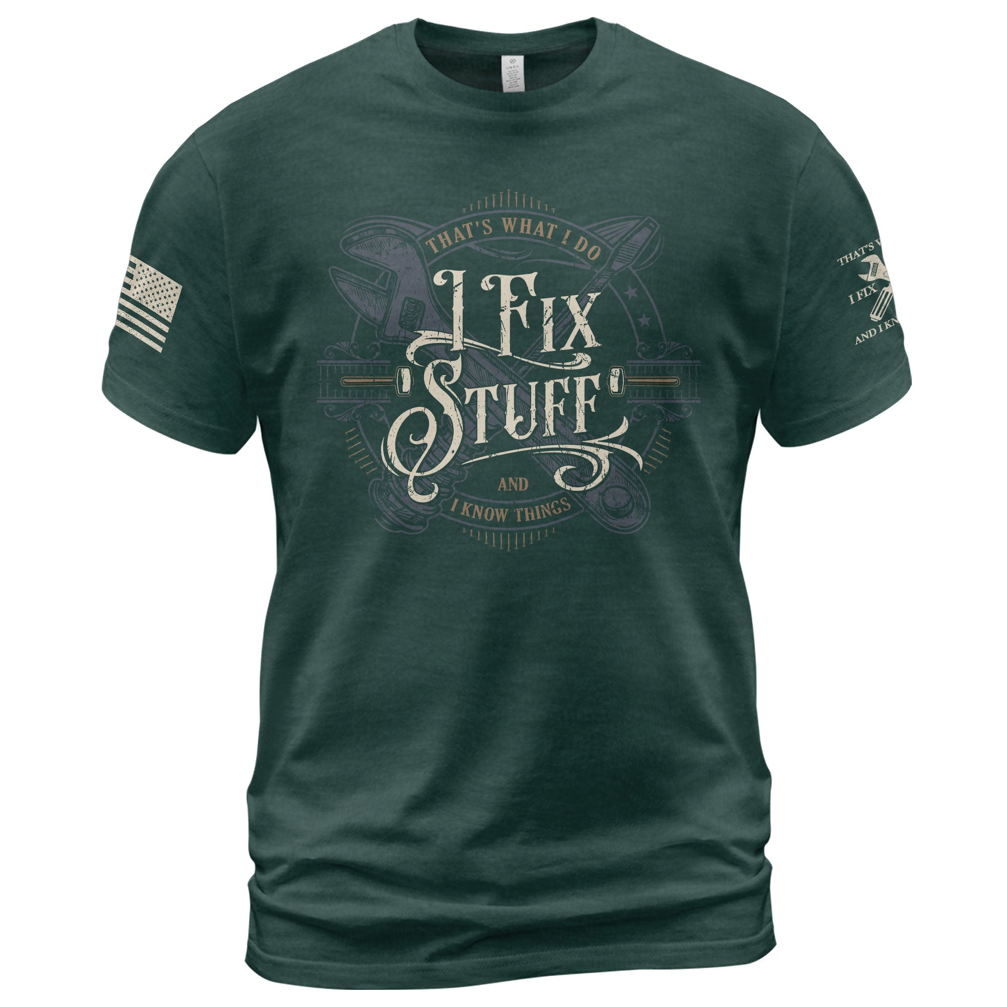 Vintage Calligraphy Quote Men T-Shirt I Fix Stuff And I Know Things Graphic Wrench Tee