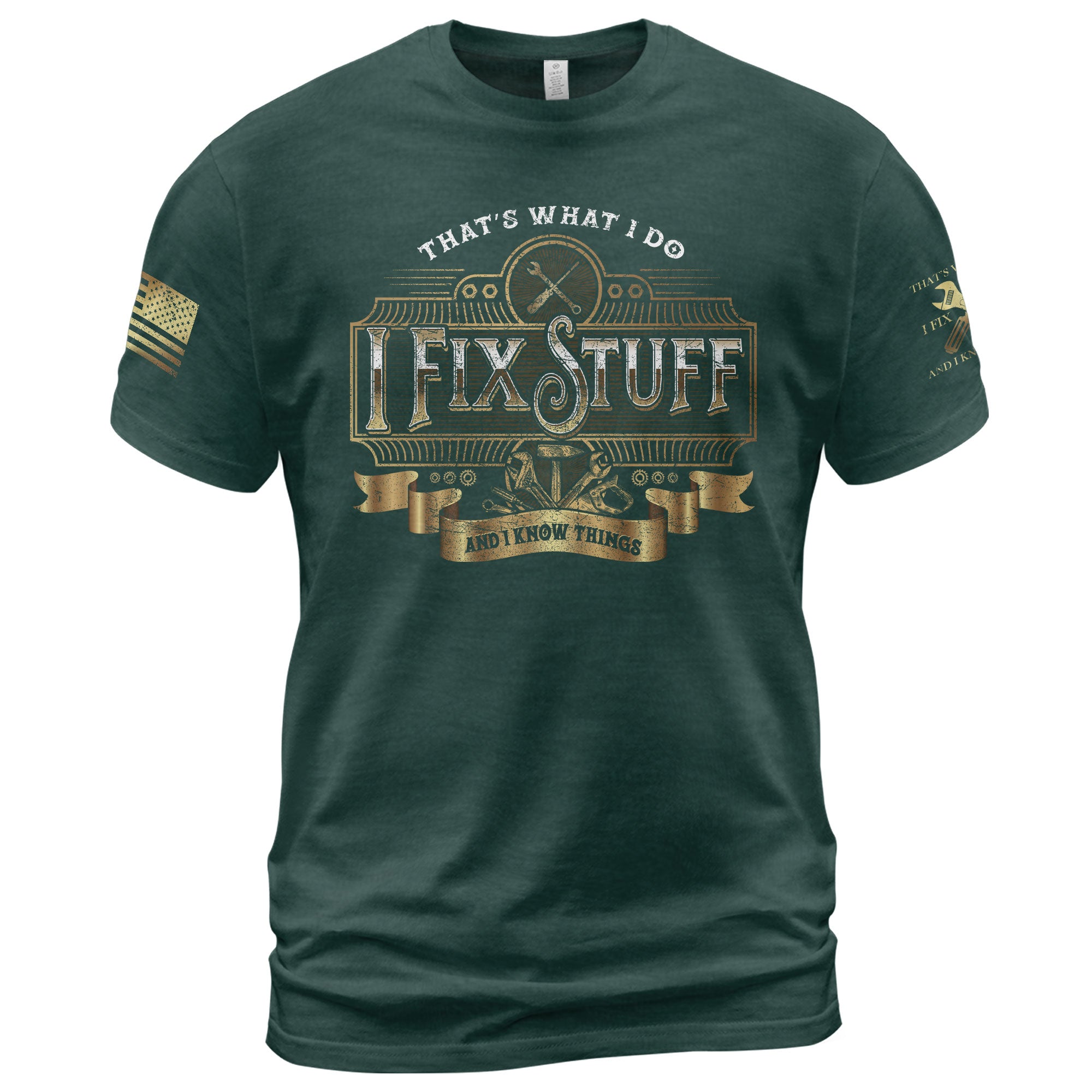 Men Ornate Label Graphic T-Shirt I Fix Stuff And I Know Things Wrench Banner Tee