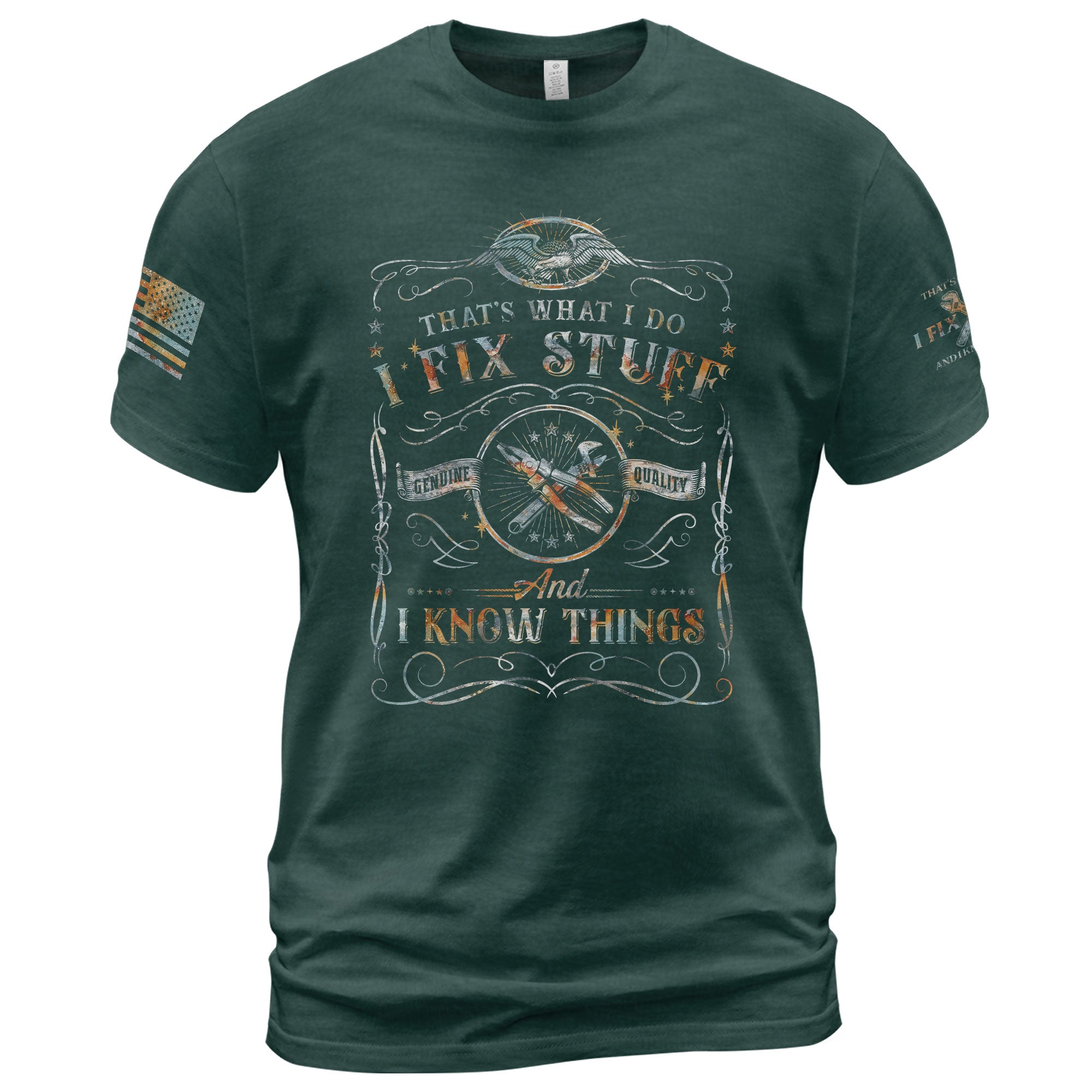 Mens Eagle Crest Graphic T-Shirt I Fix Stuff And I Know Things Wrench Banner