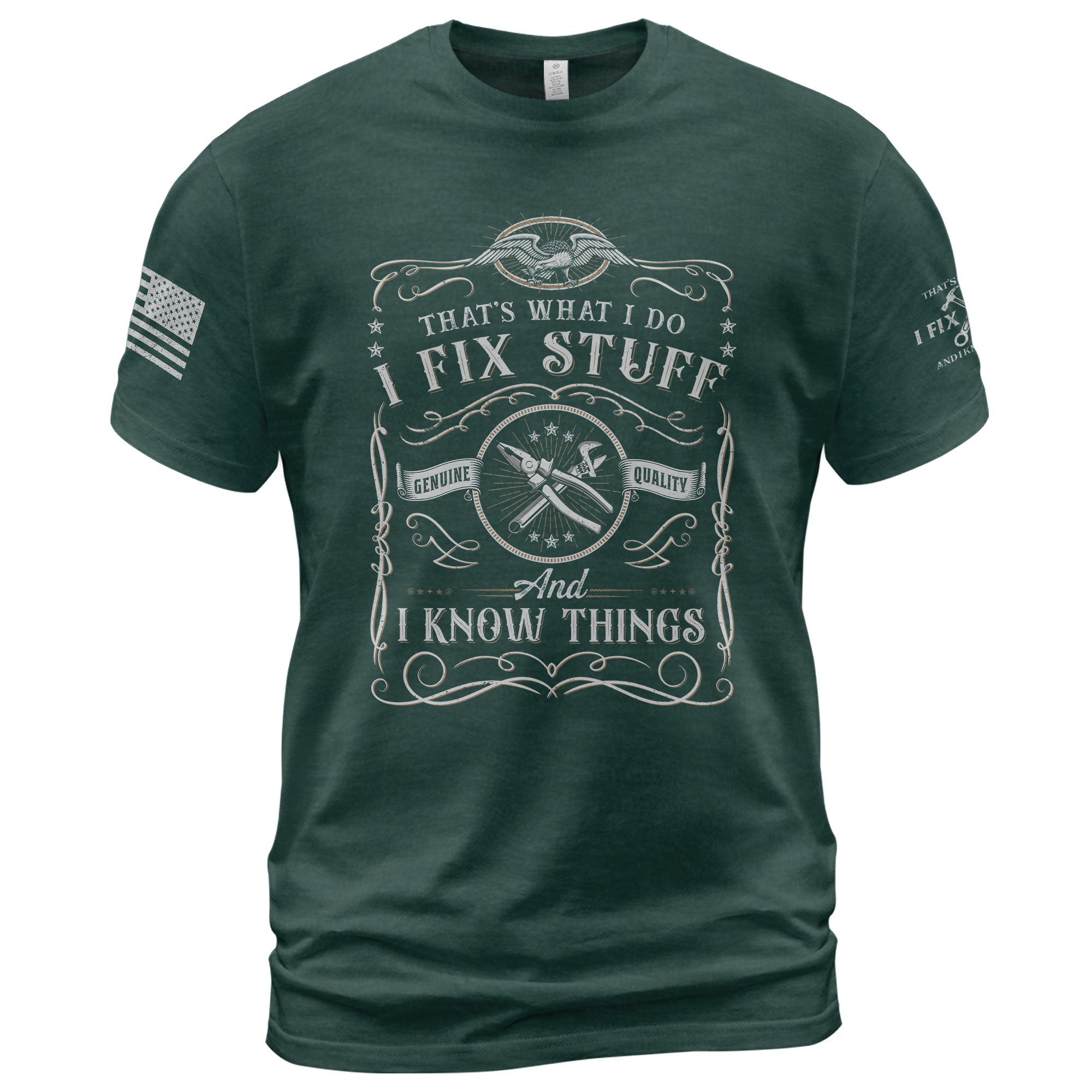 Graphic Shirt Men I Fix Stuff And I Know Things Label Quote T-Shirt Sleeve Details