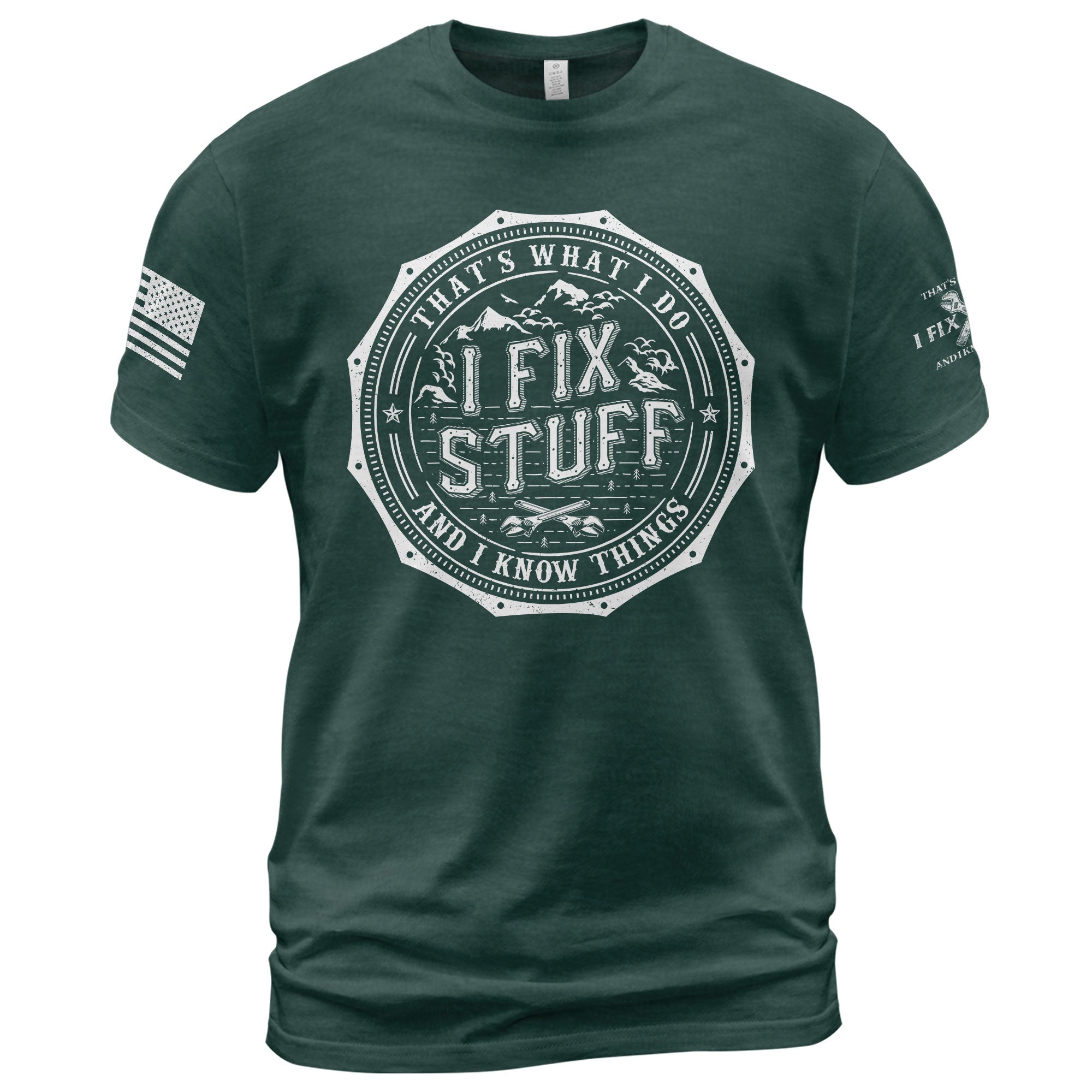 Men T-Shirt Graphic Octagon Badge I Fix Stuff And I Know Things Mountain Quote Tee