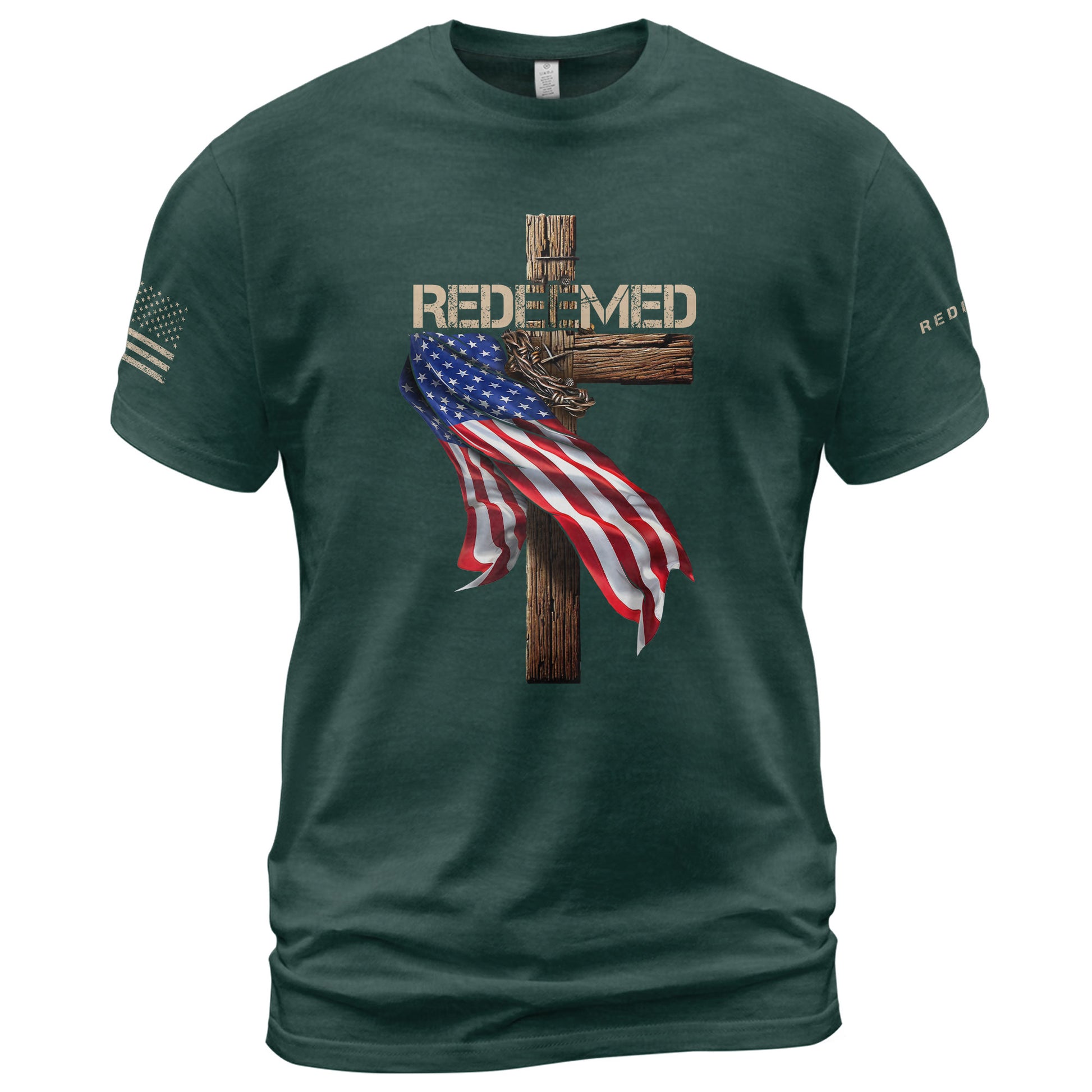 Redeemed by Christ American Flag Cross - Christian Shirts for Men, Faith Based Christian Tee Shirts - Rust Field Wear