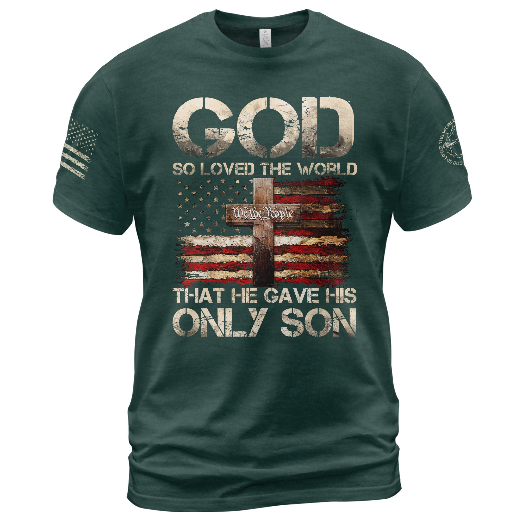 God So Loved The World Only Son Cross and Flag, Christian Tee Shirts - Faith Shirts for Men - Rust Field Wear