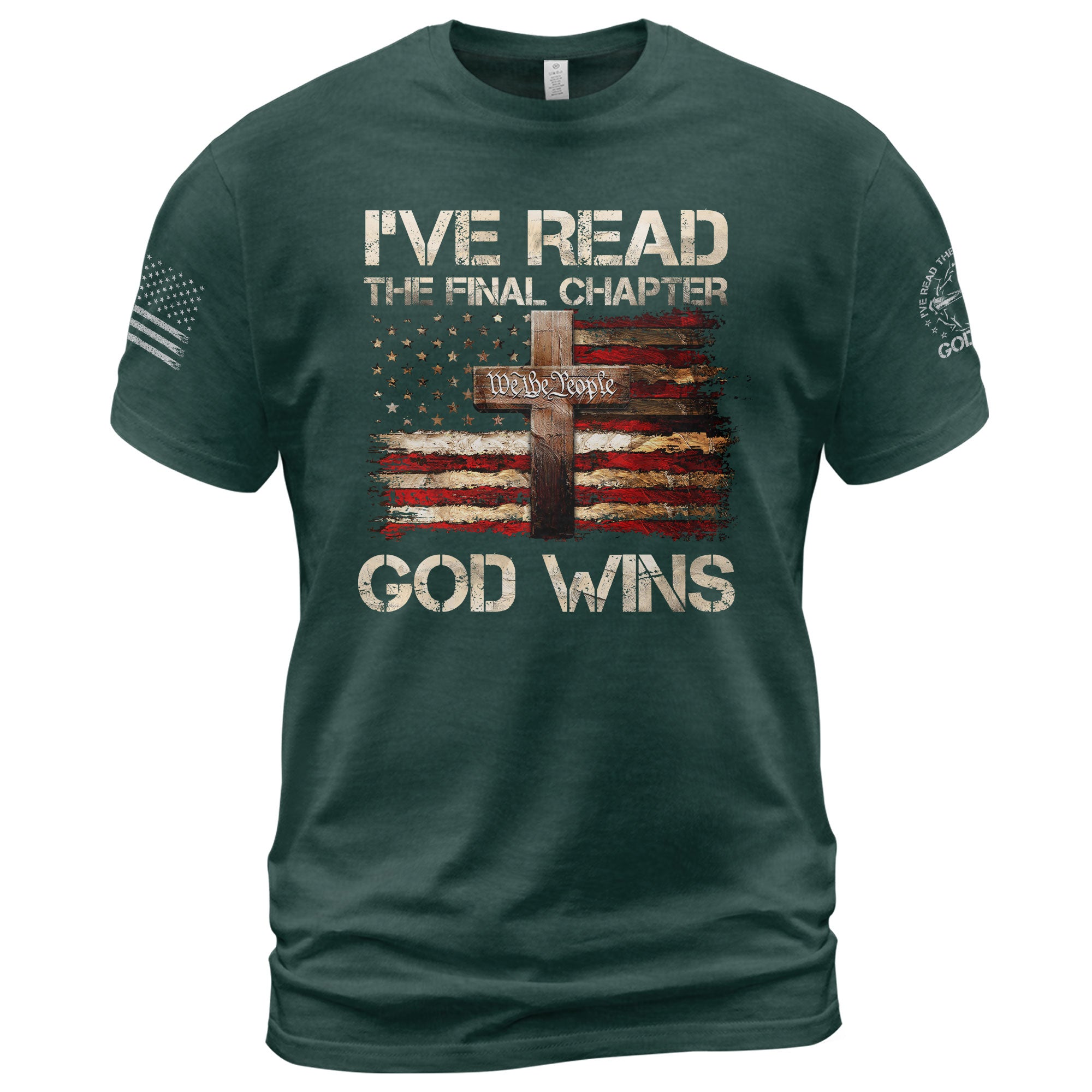 Christian Tee Shirts, God Wins Christian American Flag Cross - Christian Shirts for Men - Rust Field Wear