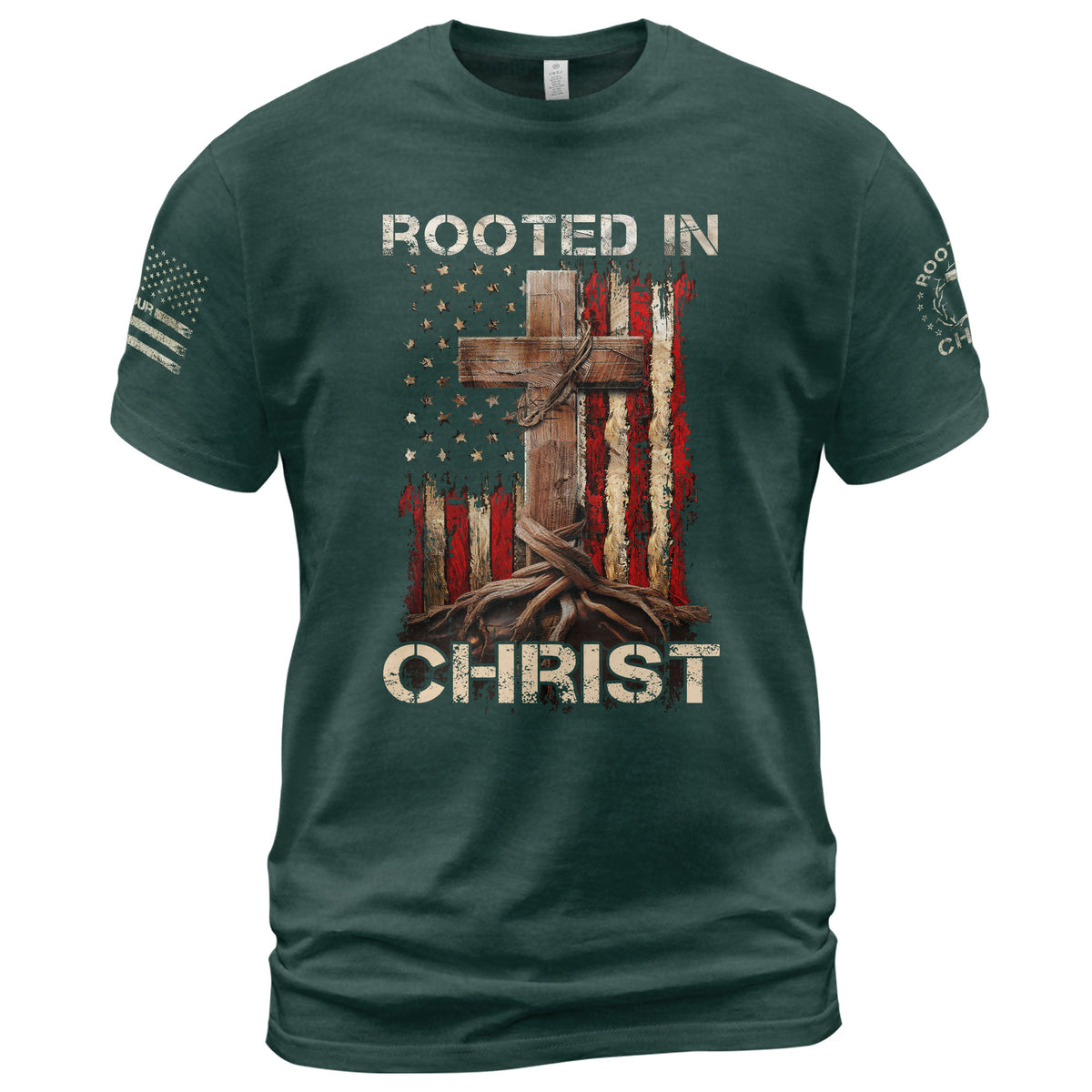 Rooted In Christ American Flag Cross, Christian Shirts for Men - Christian Tee Shirts - Rust Field Wear