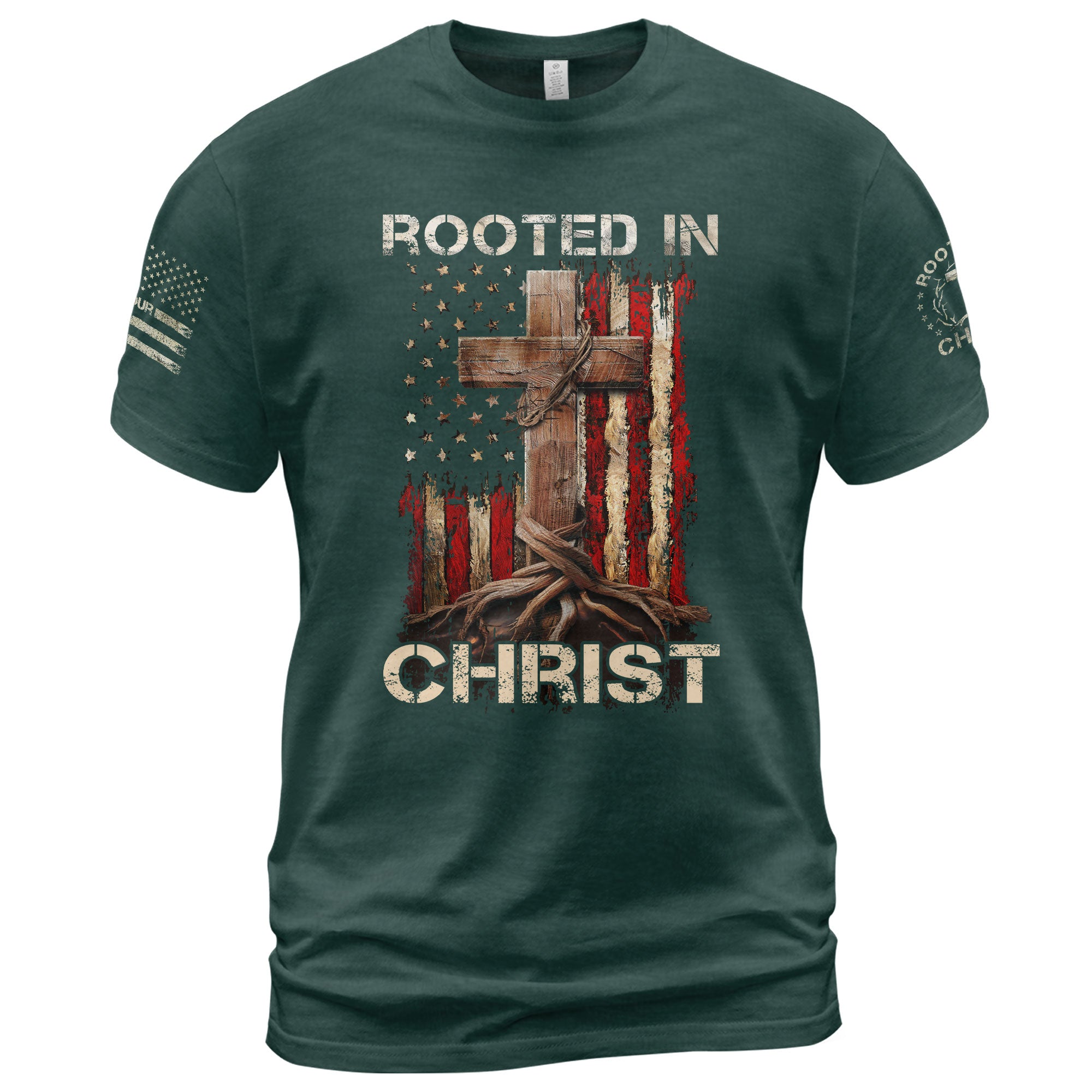 Rooted In Christ American Flag Cross, Christian Shirts for Men - Christian Tee Shirts - Rust Field Wear