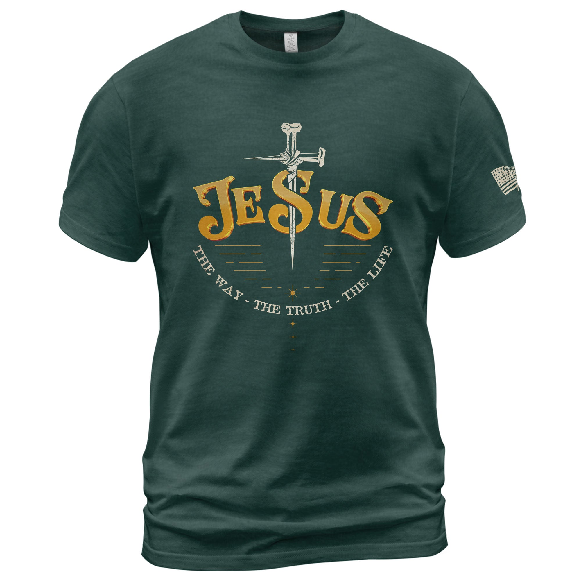 Faith Based Christian Tee Shirts, Forged in Faith JESUS Sword Bold - Christian Shirts for Men - Rust Field Wear