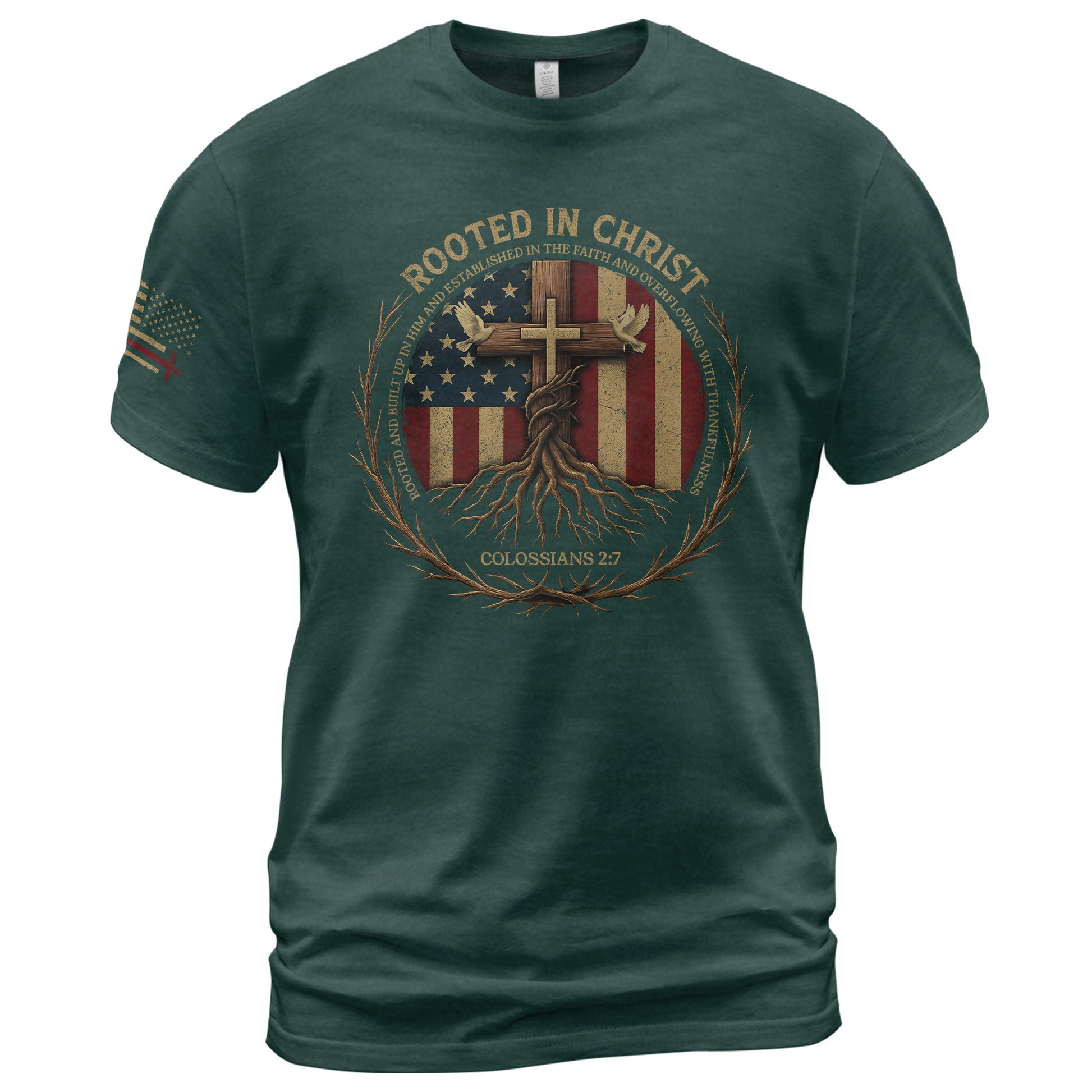 Christian Tee Shirts, Rooted in Christ Colossians 2:7 American Flag Faith - Christian Shirts for Men - Rust Field Wear