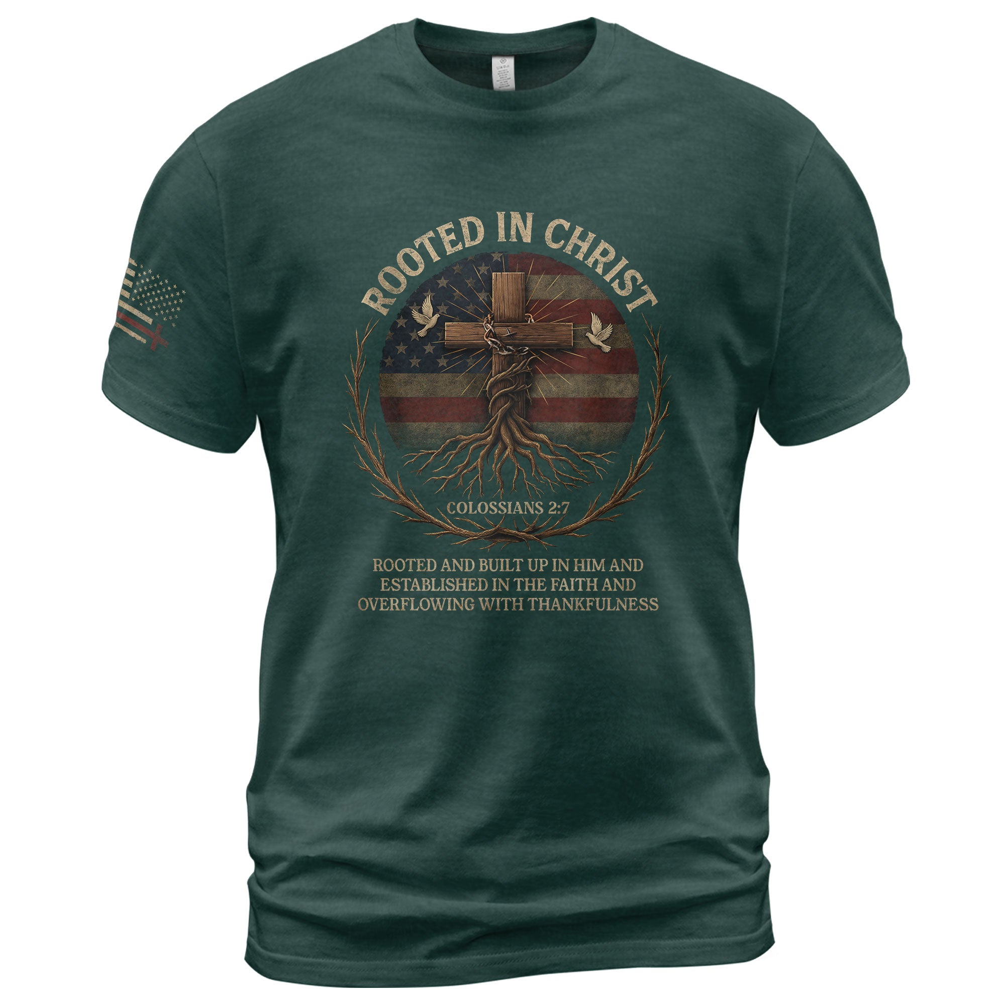 Rooted In Christ Colossians 2:7 American Faith, Christian Shirts for Men - Christian Tee Shirts - Rust Field Wear