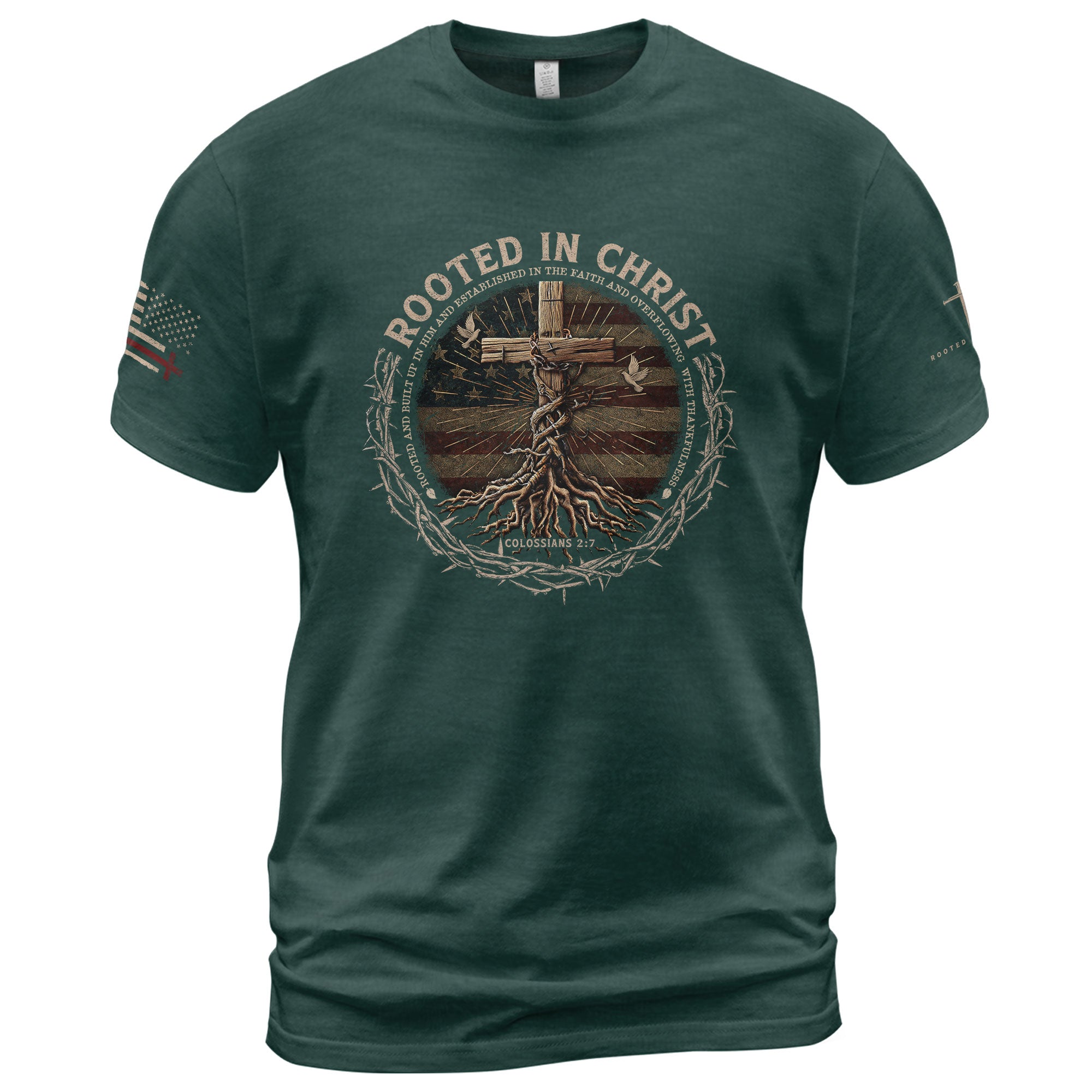Rooted in Christ Colossians 2:7, Christian Shirts for Men - Christian Tee Shirts - Rust Field Wear