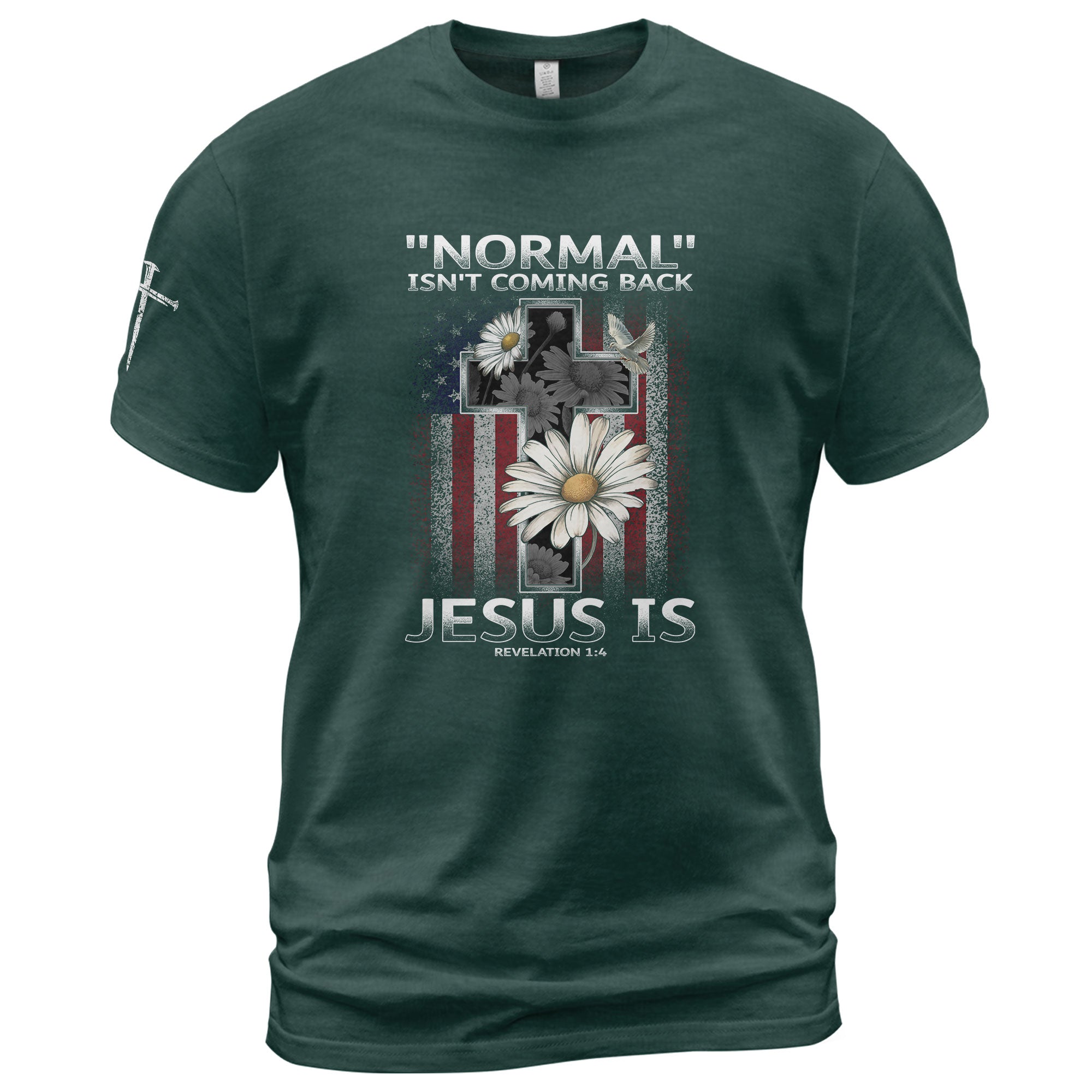 Christian Shirts for Men - Normal Isn’t Coming Back Jesus Is , Revelation 1:4 Christian Flag Cross, Christian Tee Shirts - Rust Field Wear