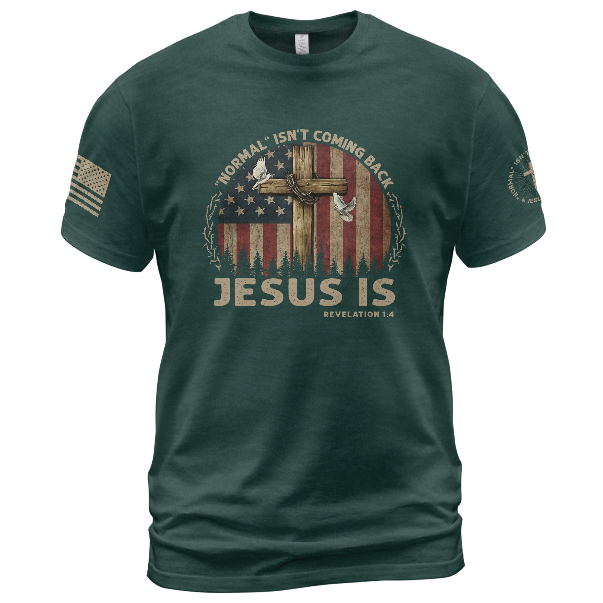 Jesus Is Coming “Normal Isn’t Coming Back” Revelation 1:4 USA Flag Cross, Christian Shirts for Men - Christian Tee Shirts - Rust Field Wear