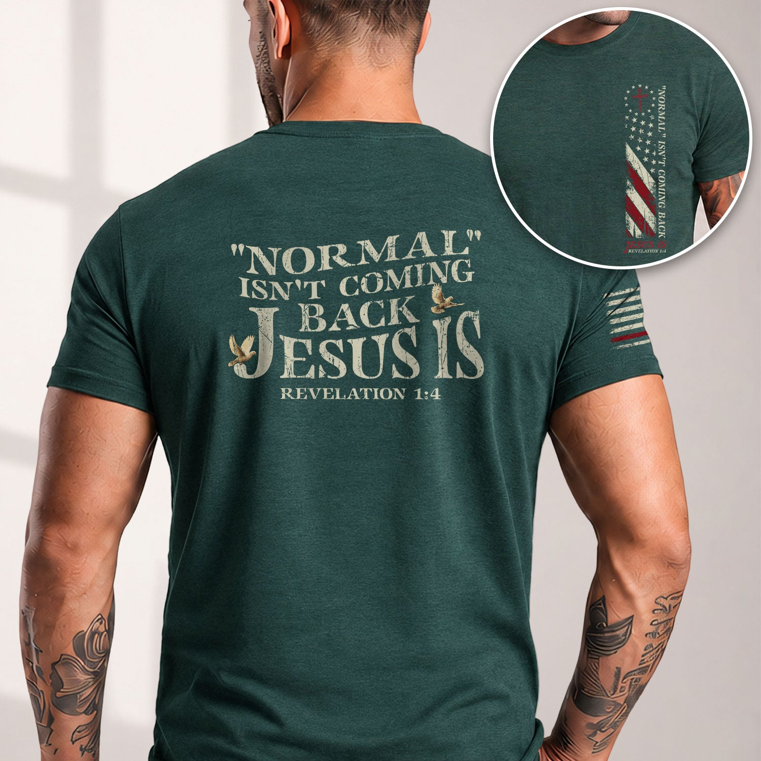 Christian Tee Shirts, Jesus Is Coming Back “Normal Isn’t Coming Back” Revelation 1:4 2 Sided - Christian Shirts for Men - Rust Field Wear