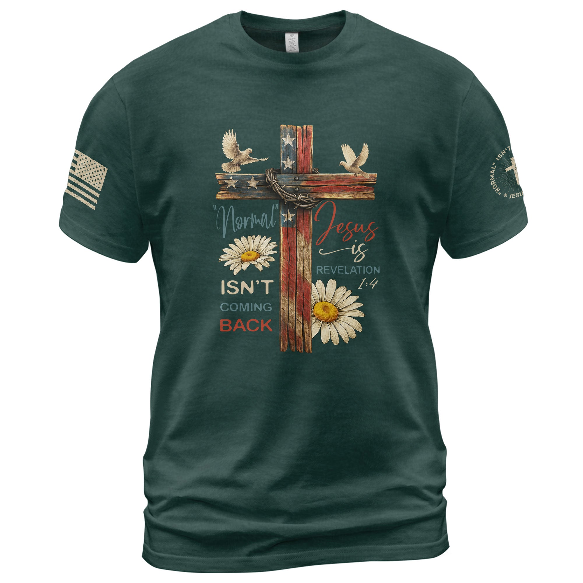 Normal Isn’t Coming Back Jesus Is , Revelation 1:4 Floral USA Flag Cross - Christian Tee Shirts, Christian Shirts for Men - Rust Field Wear