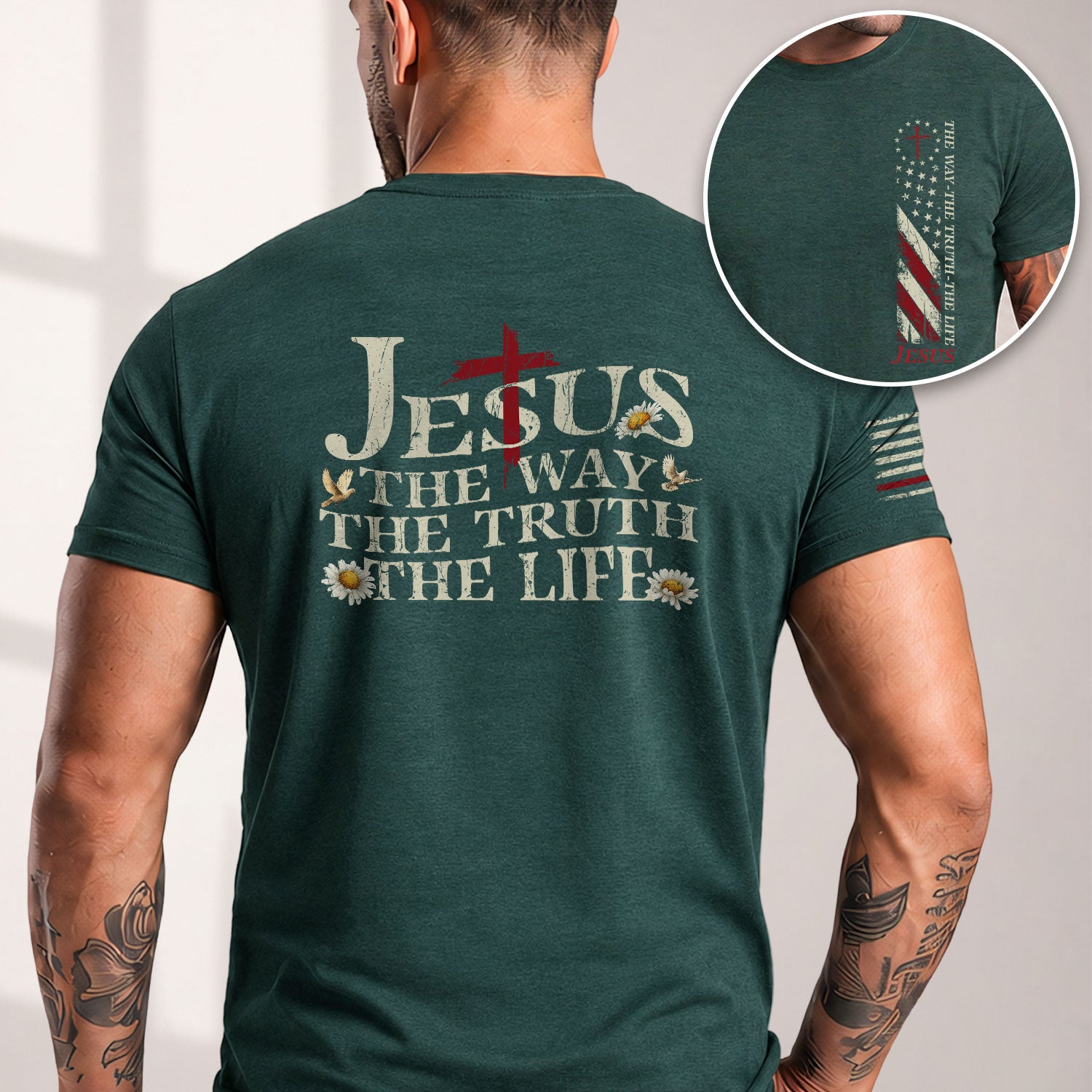 Faith Based Christian Tee Shirts, Jesus The Way The Truth The Life USA Flag Cross 2 Sided Christian - Christian Shirts for Men - Rust Field Wear
