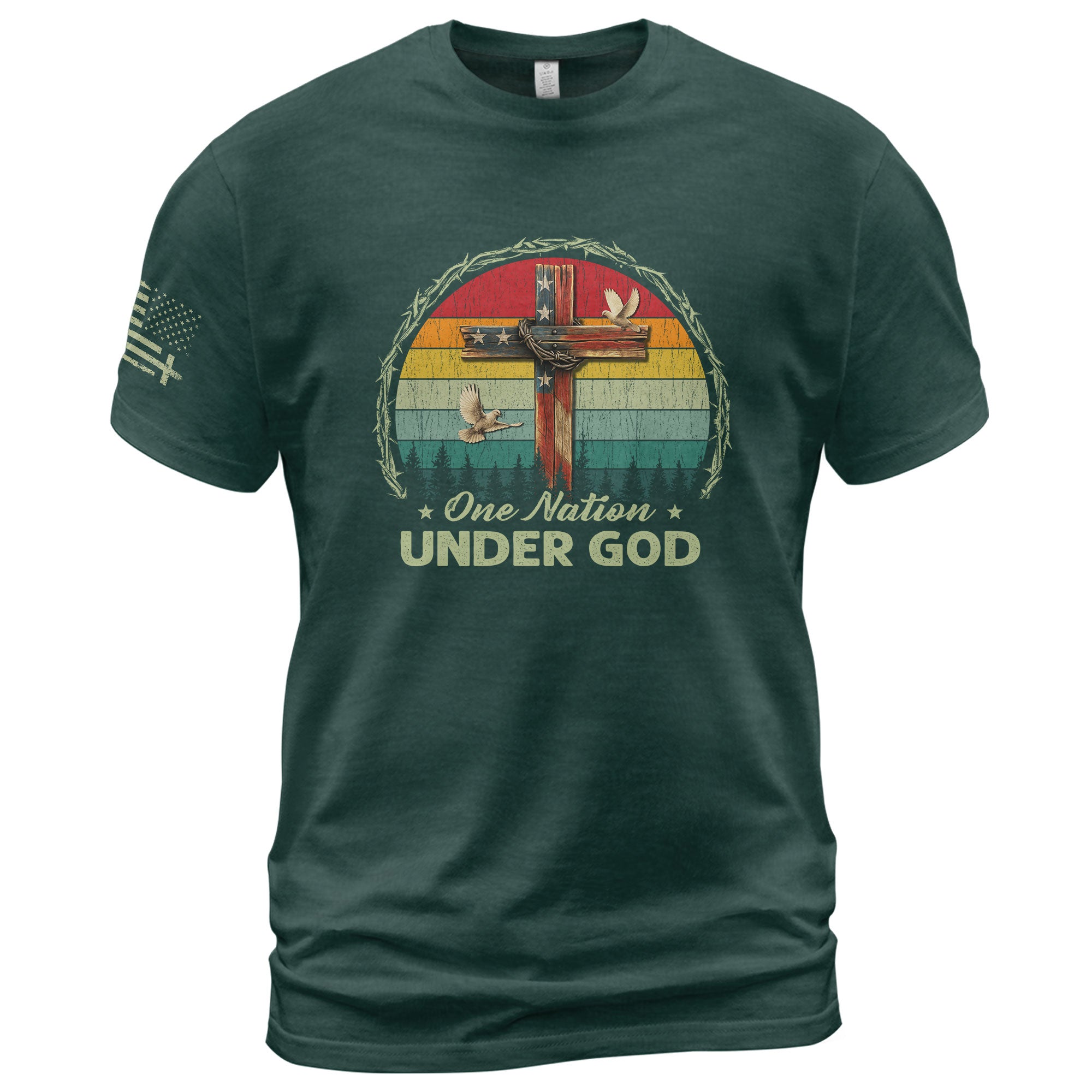 Christian Shirts for Men, One Nation Under God Retro Sunset Cross - Christian Tee Shirts - Rust Field Wear