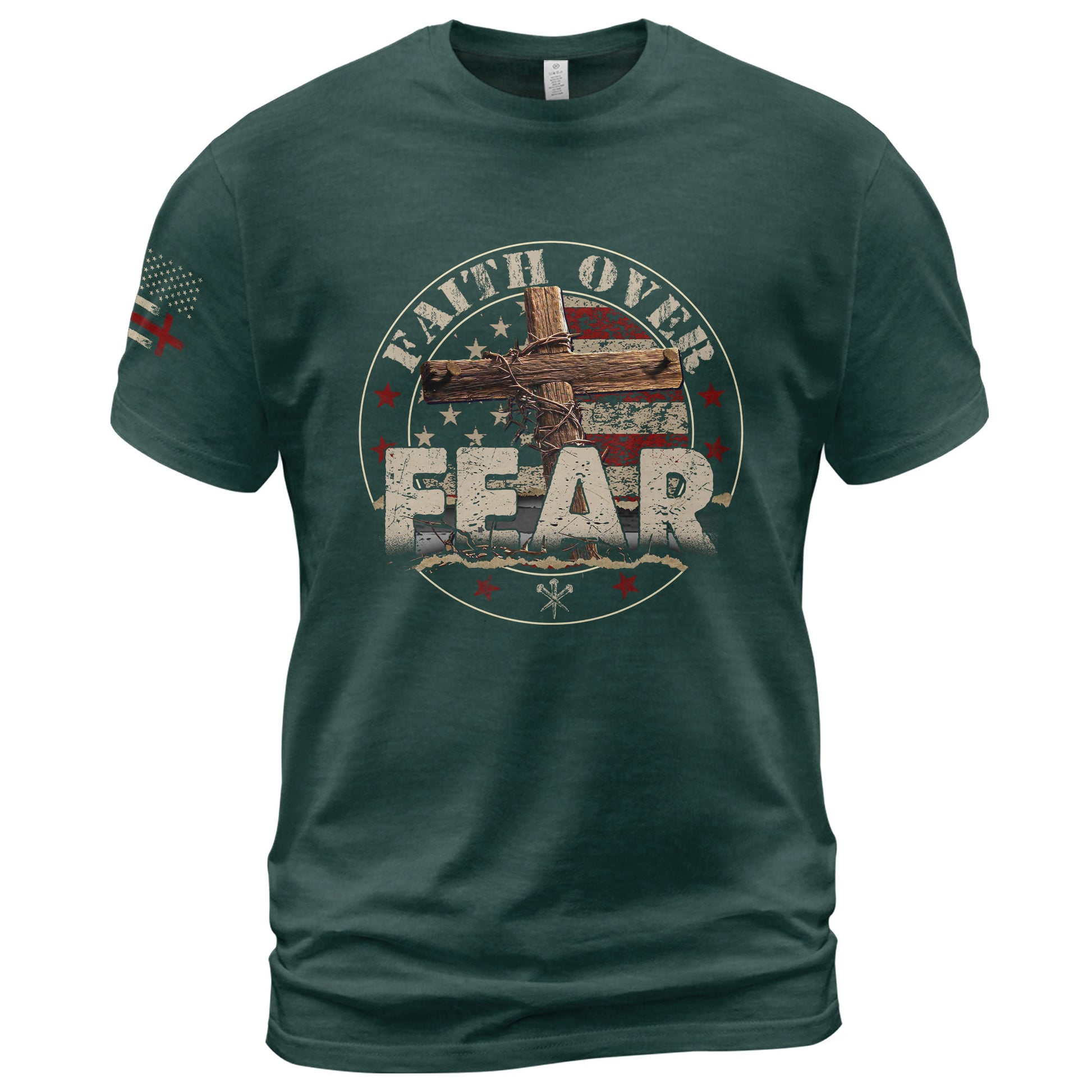 Faith Over Fear Cross, Courage and American Spirit, Christian Shirts for Men - Christian Tee Shirts - Rust Field Wear