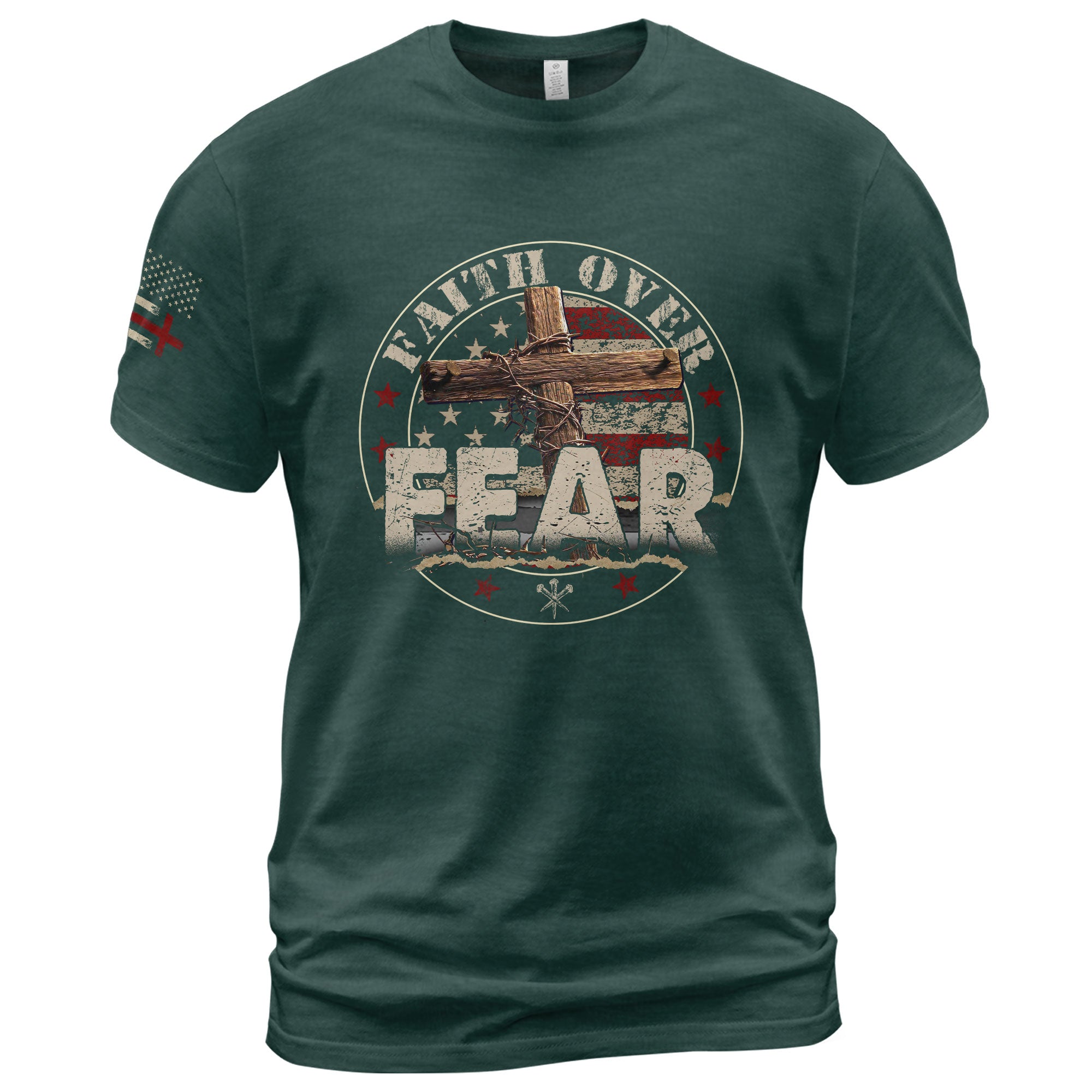 Faith Over Fear Cross, Courage and American Spirit, Christian Shirts for Men - Christian Tee Shirts - Rust Field Wear