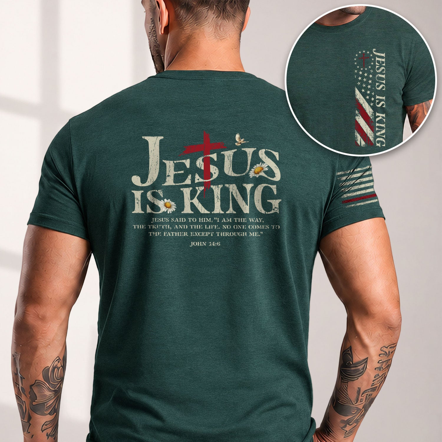Christian Shirts for Men - Jesus Is King , Christian Cross and American Flag, Christian Tee Shirts - Rust Field Wear