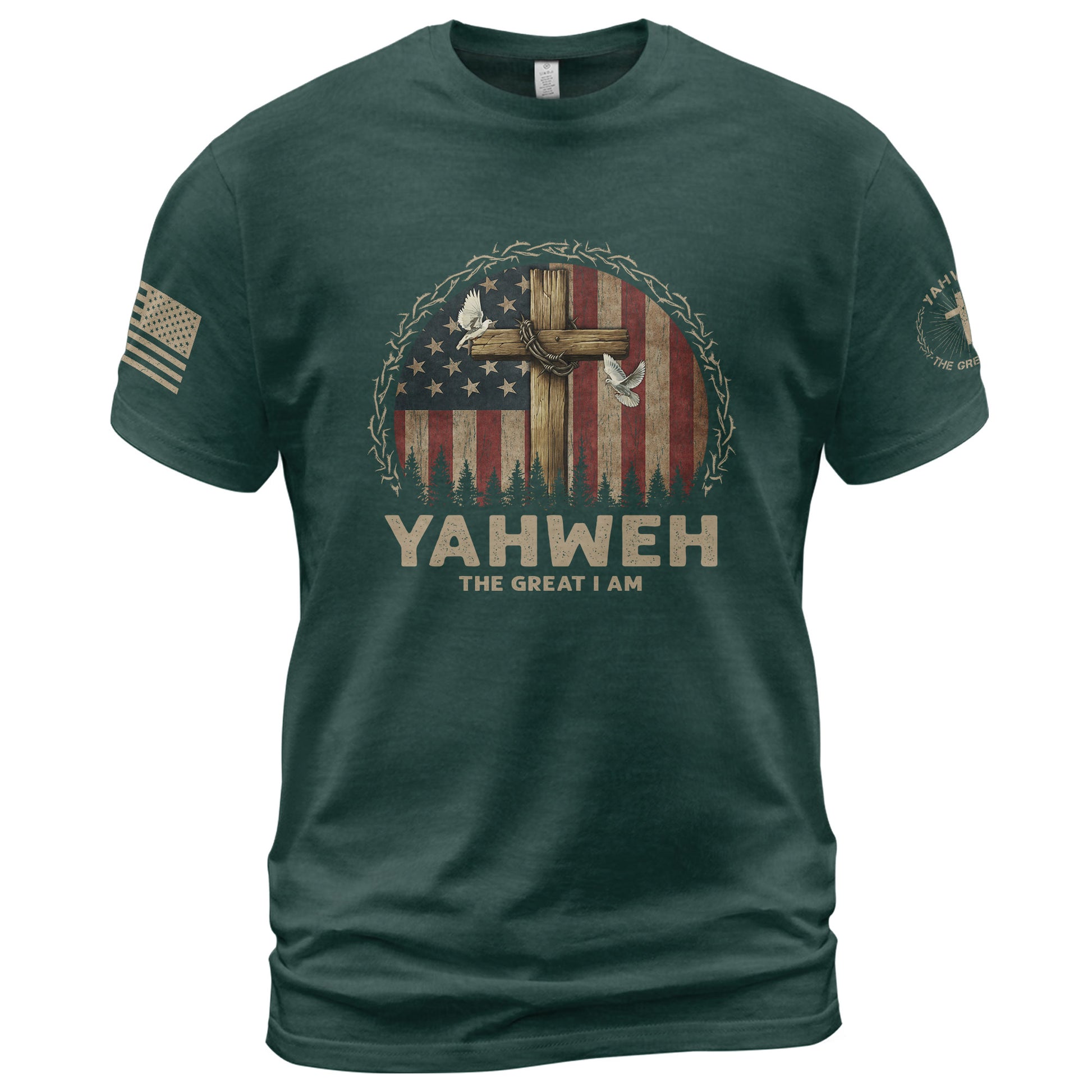 Yahweh The Great I Am Faith, Flag and Cross - Christian Tee Shirts, Christian Shirts for Men - Rust Field Wear
