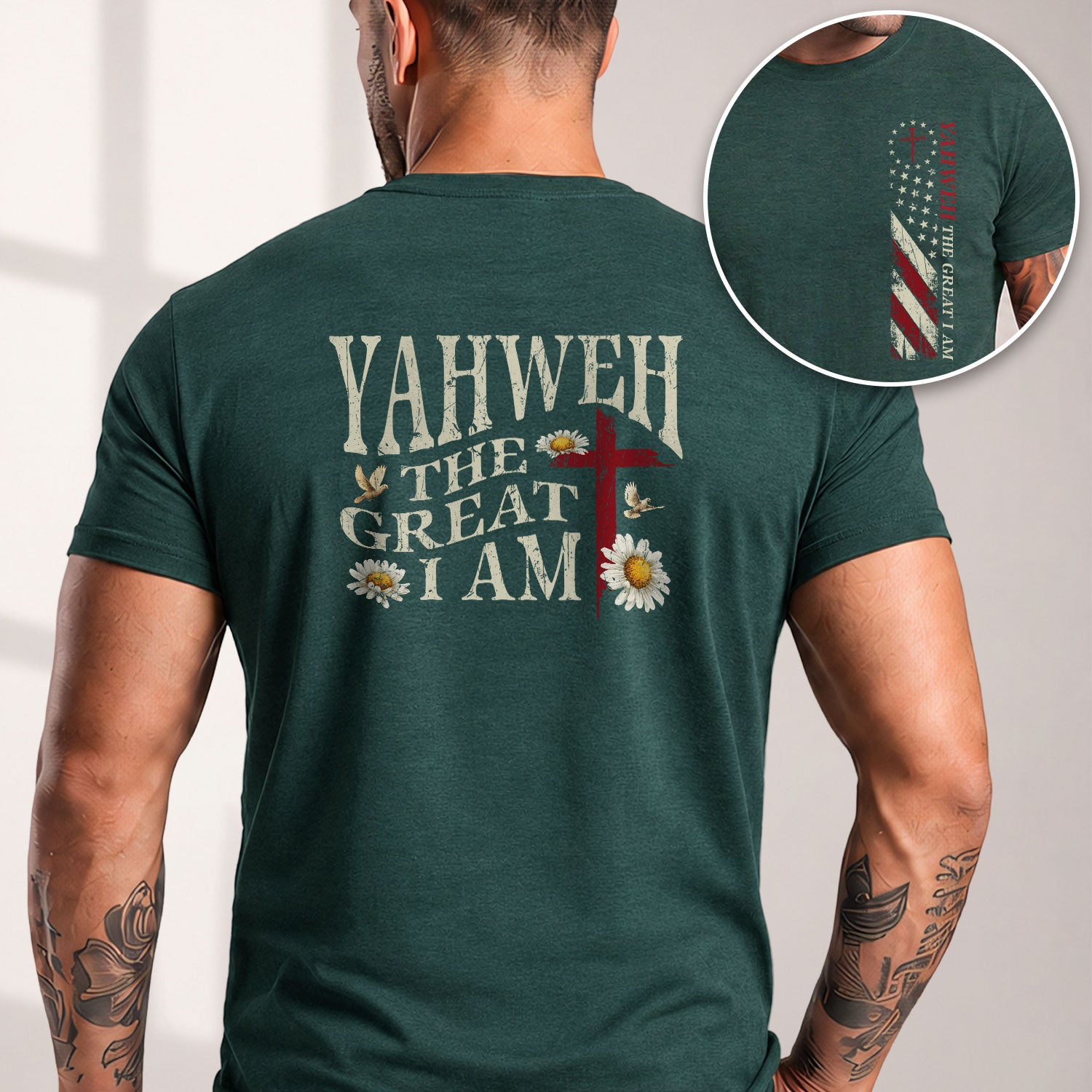 Yahweh The Great I Am , Christian Cross and American Flag, Christian Shirts for Men - Christian Tee Shirts - Rust Field Wear