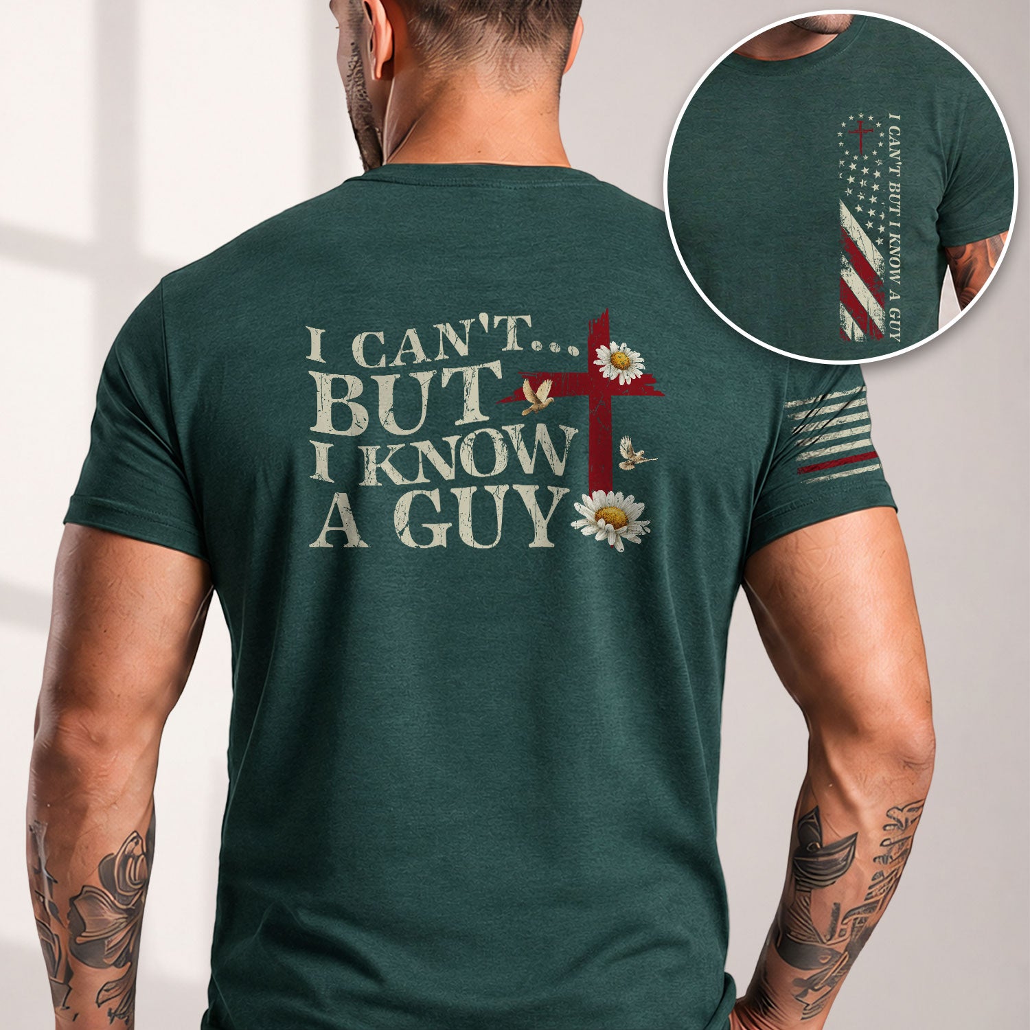 I Can’t But I Know a Guy , Christian Cross and American Flag - Christian Shirts for Men, Faith Based Christian Tee Shirts - Rust Field Wear