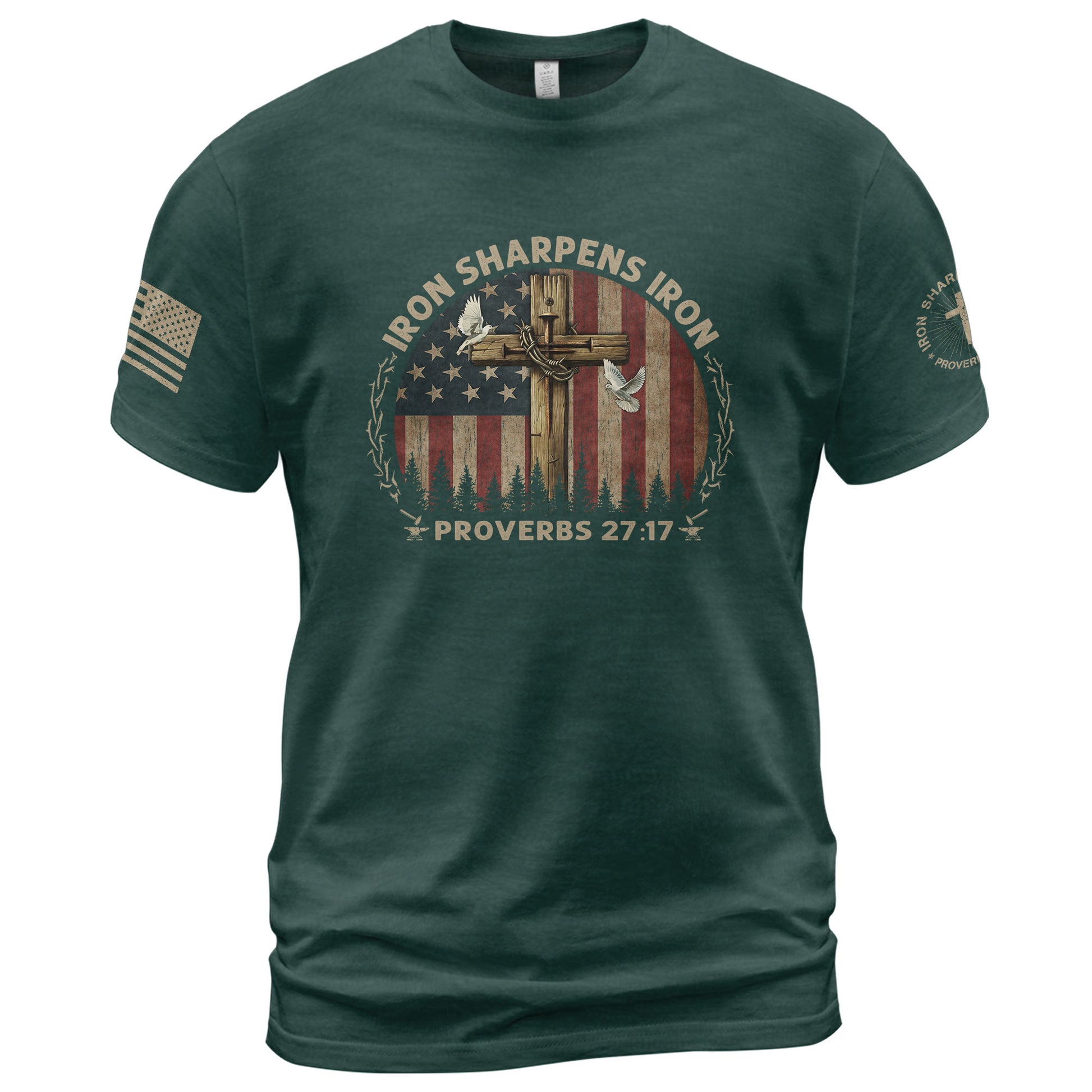 Christian Shirts for Men, Iron Sharpens Iron Proverbs 27:17 and Cross Bold Faithwear - Christian Tee Shirts - Rust Field Wear