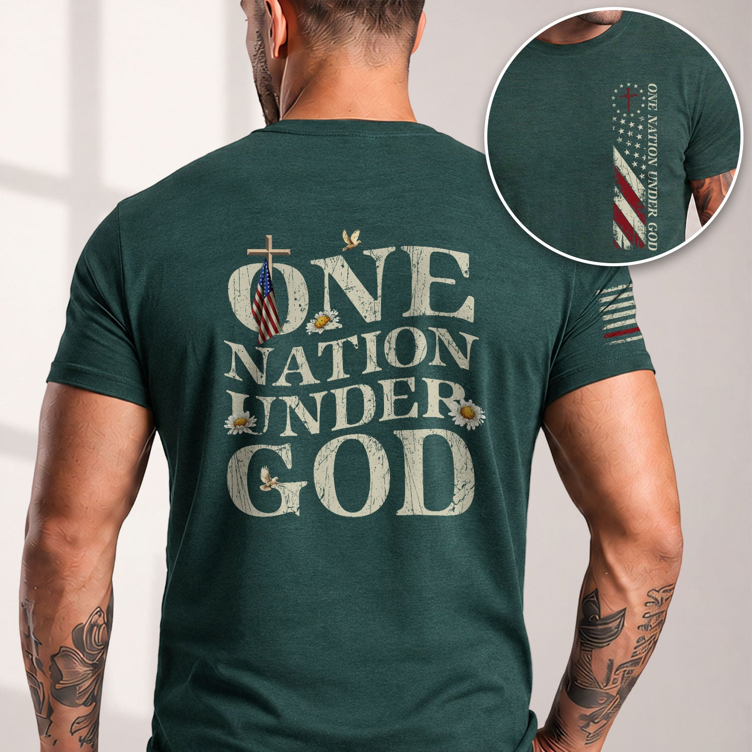 One Nation Under God , Christian Cross and American Flag - Christian Tee Shirts, Christian Shirts for Men - Rust Field Wear